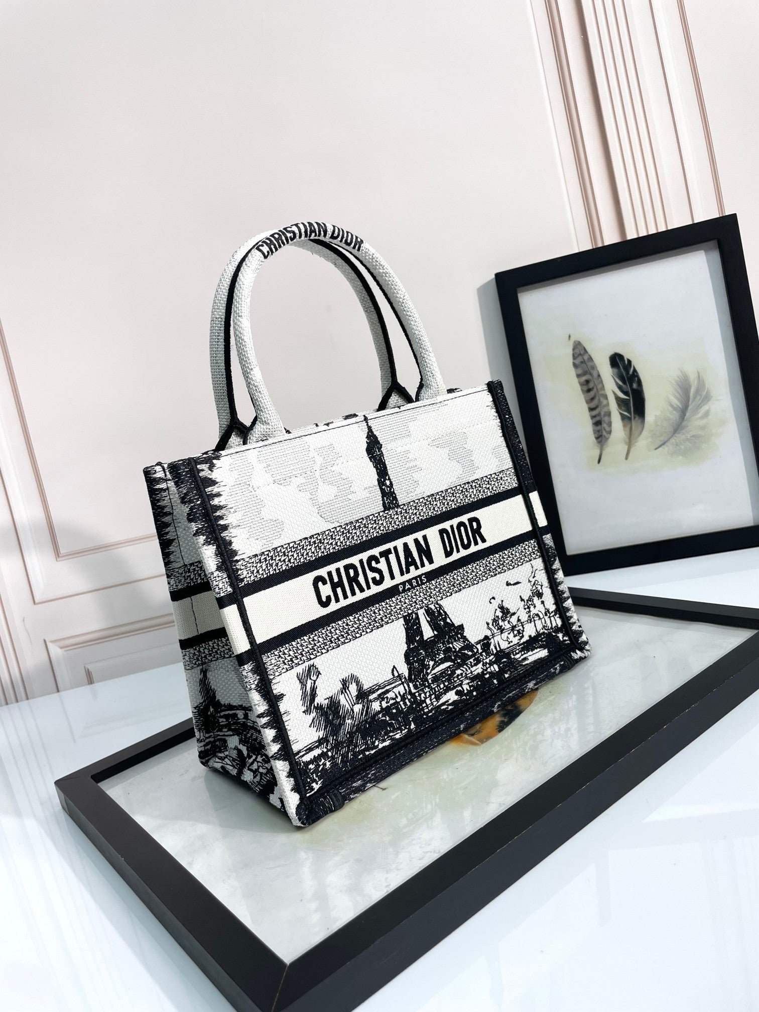 Dior Black and White Paris Architecture Embroidered Canvas Tote Bag