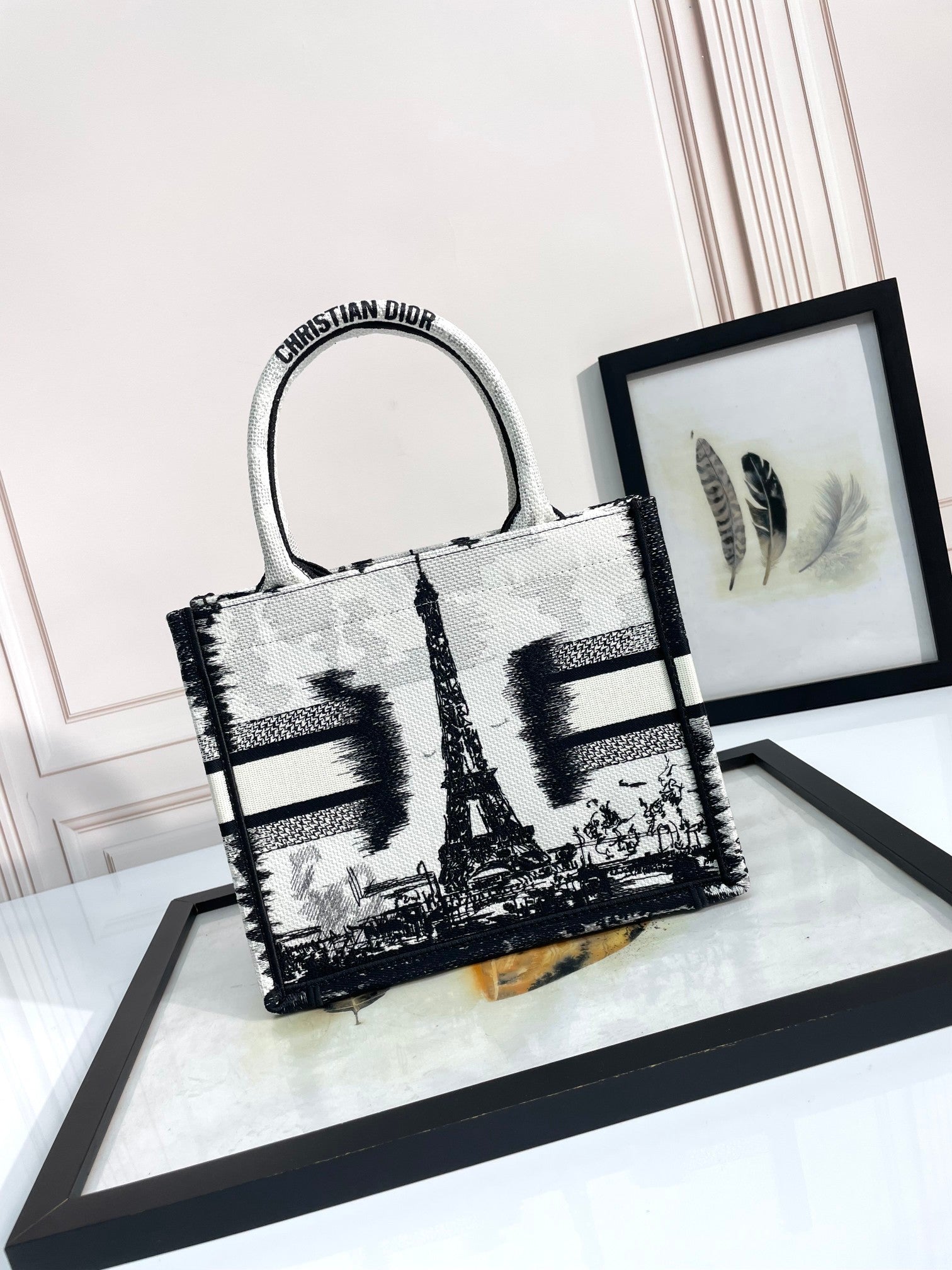 Dior Black and White Paris Skyline Embroidered Canvas Tote Bag
