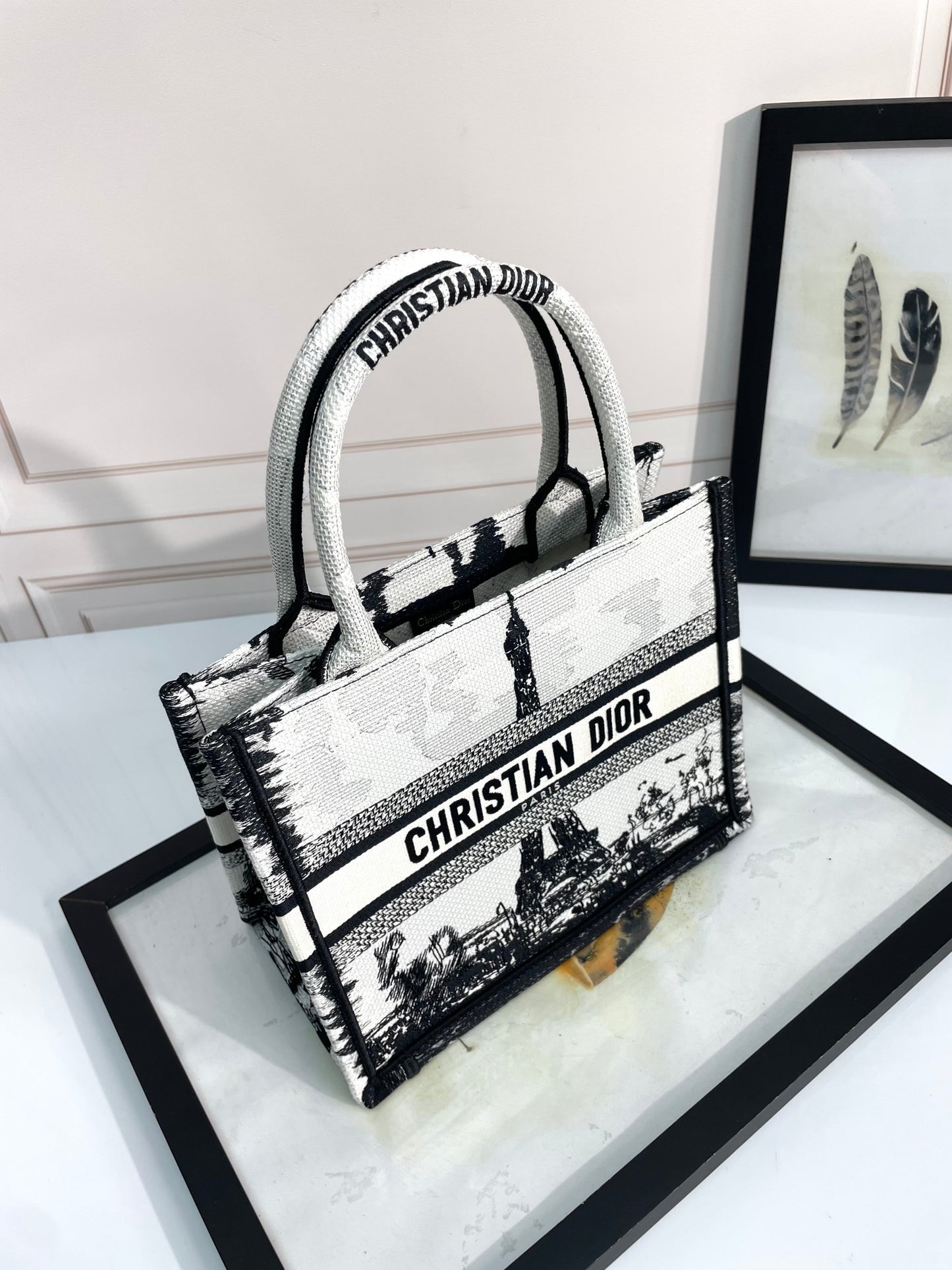 Dior Black and White Paris Eiffel Tower Embroidered Canvas Tote Bag