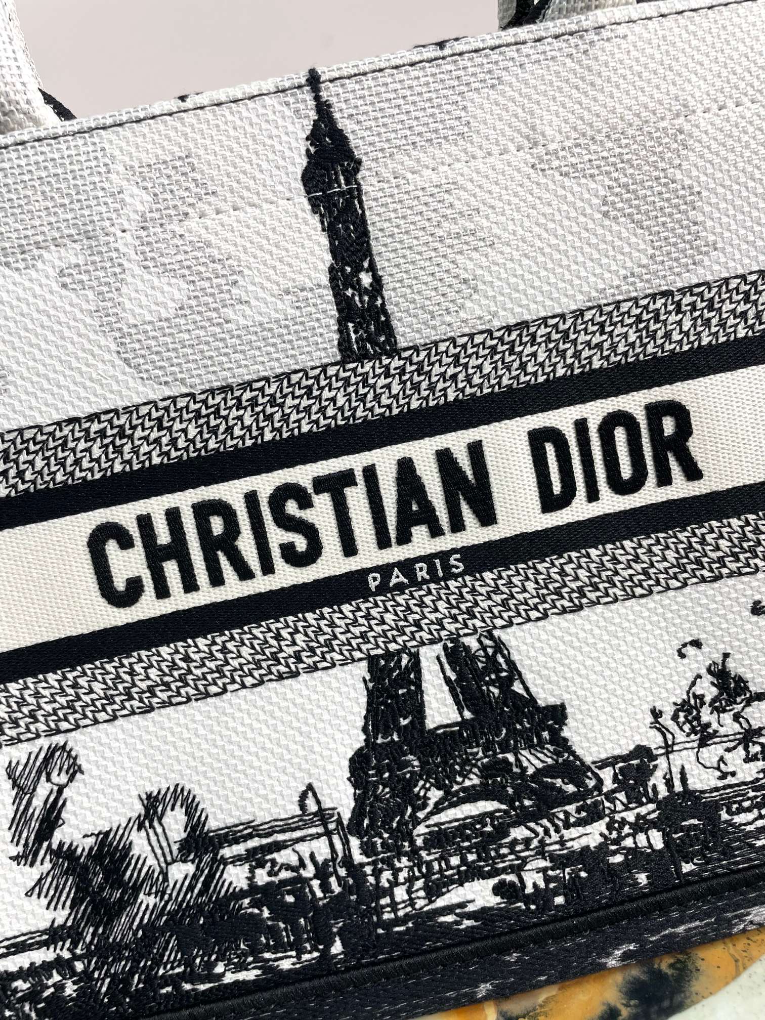 Dior Black and White Paris Eiffel Tower Print Embroidered Canvas Tote Bag