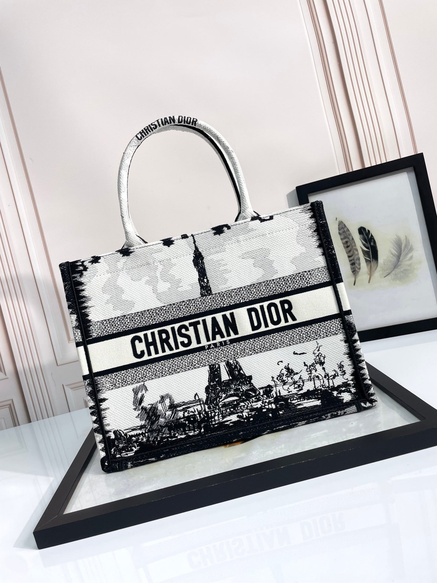 Christian Dior Book Tote Paris Eiffel Tower Black and White Canvas Handbag