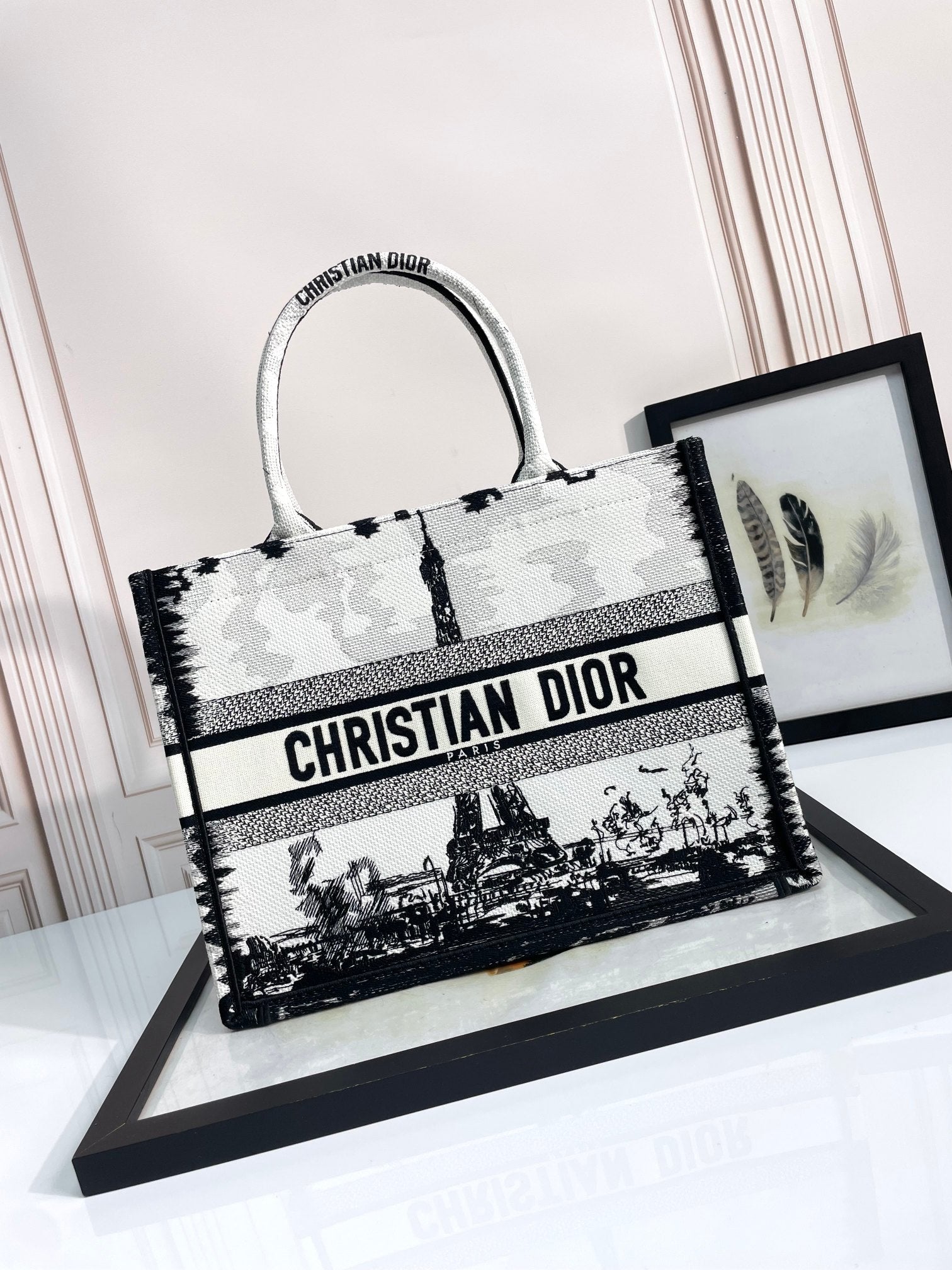 Christian Dior Paris Print Book Tote Bag - Black and White Eiffel Tower Motif