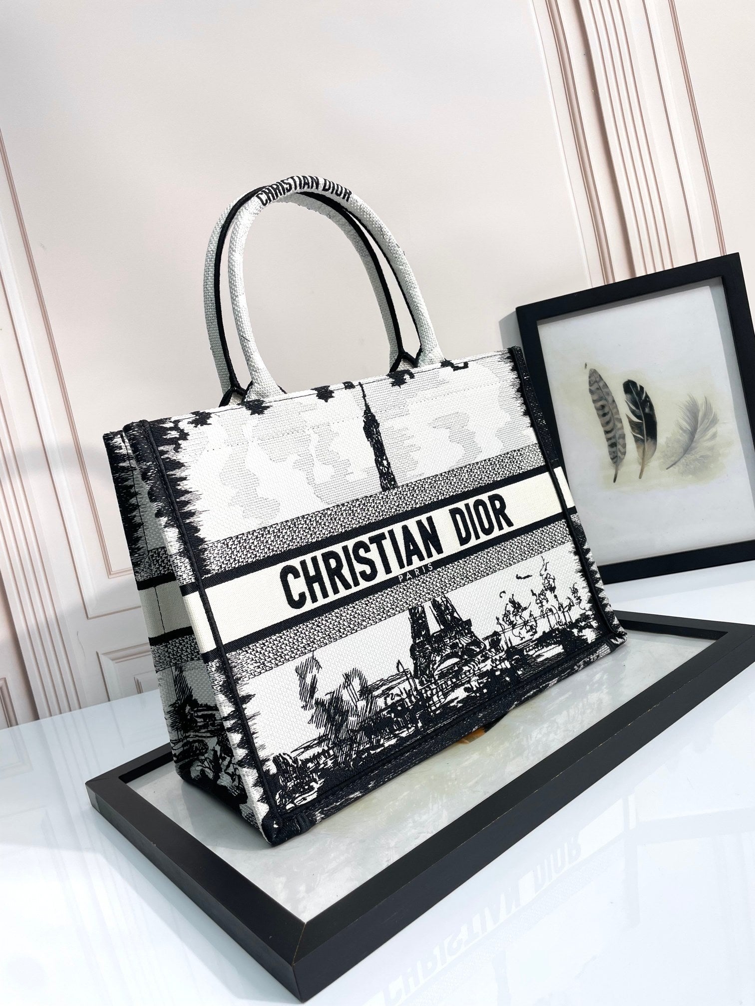 Dior Paris Eiffel Tower Print Canvas Tote Handbag with Top Handles