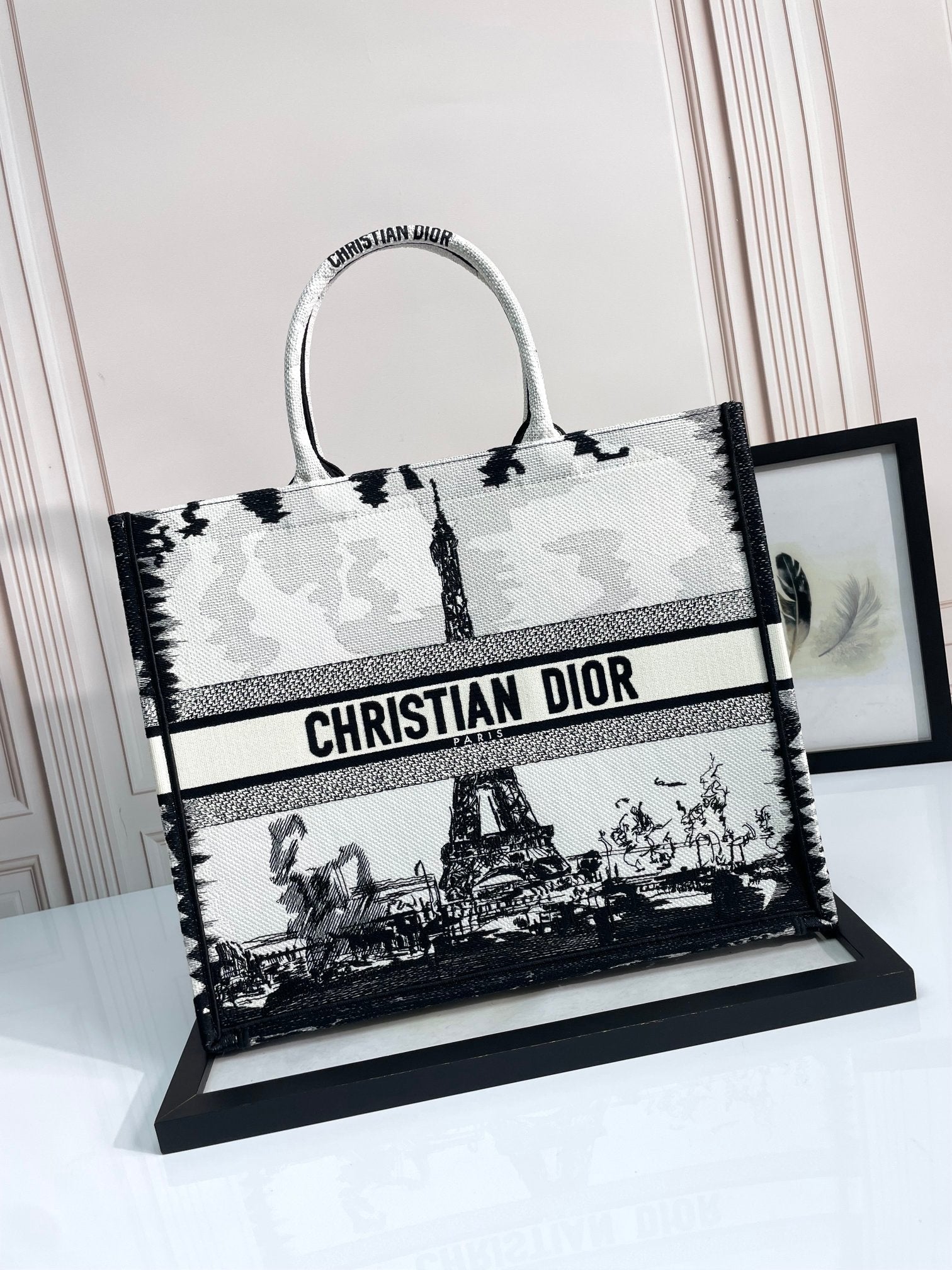 Dior Paris Eiffel Tower Print Canvas Tote Bag Vintage Shoulder Handbag