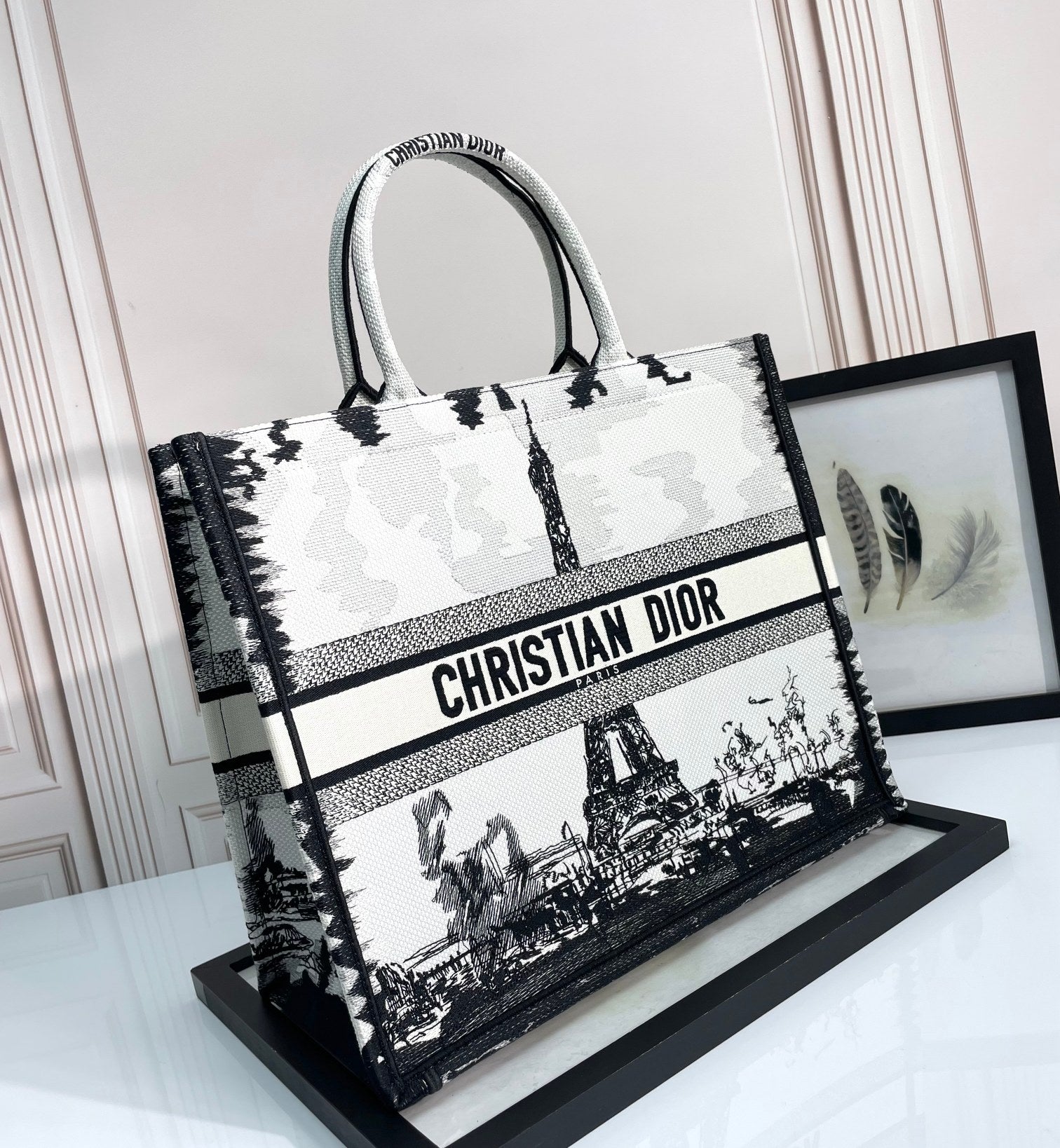 Dior Classic Black and White Paris Eiffel Tower Canvas Tote Bag