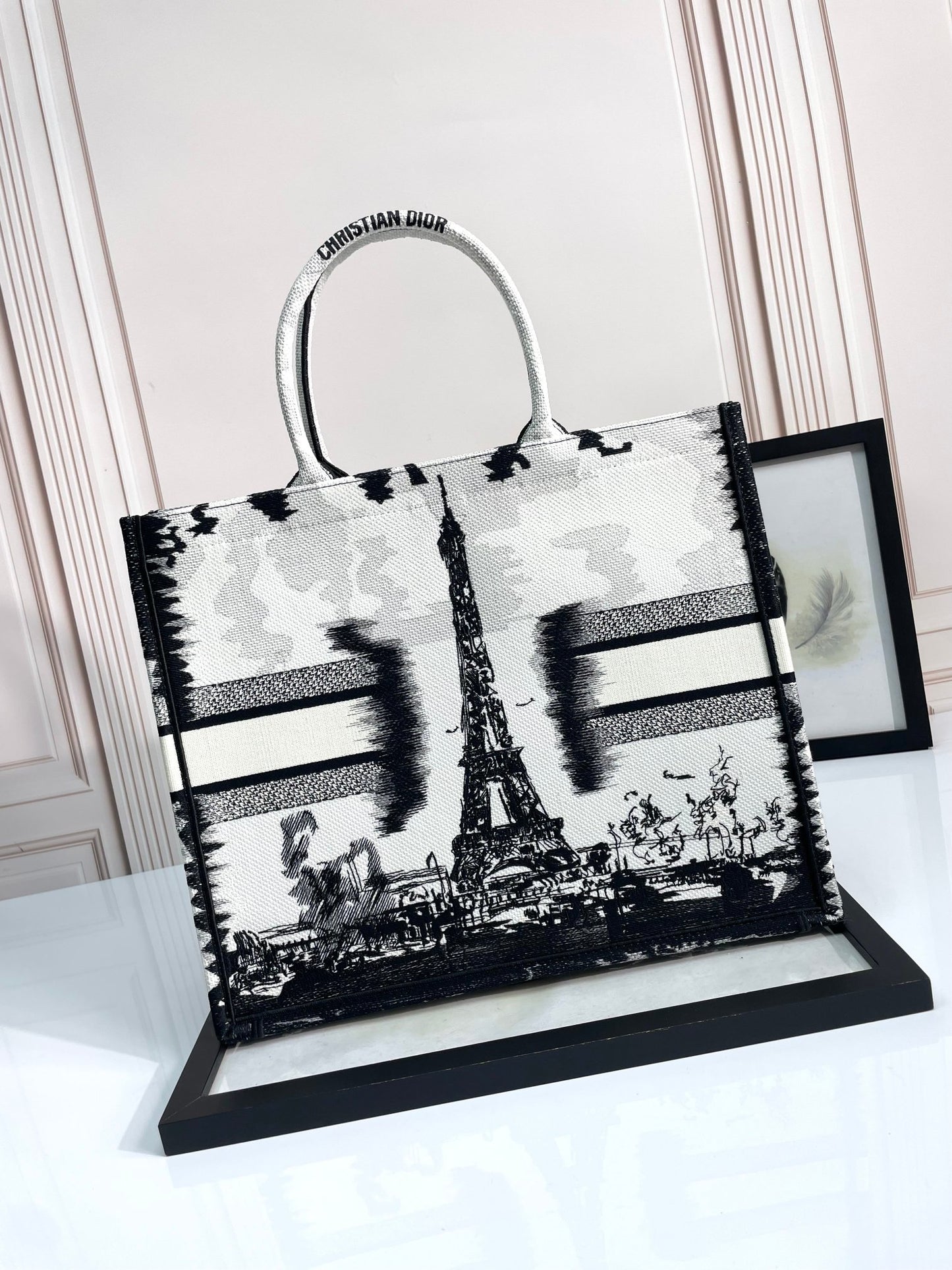 Dior Paris Eiffel Tower Embroidered Canvas Tote Bag Travel Handbag
