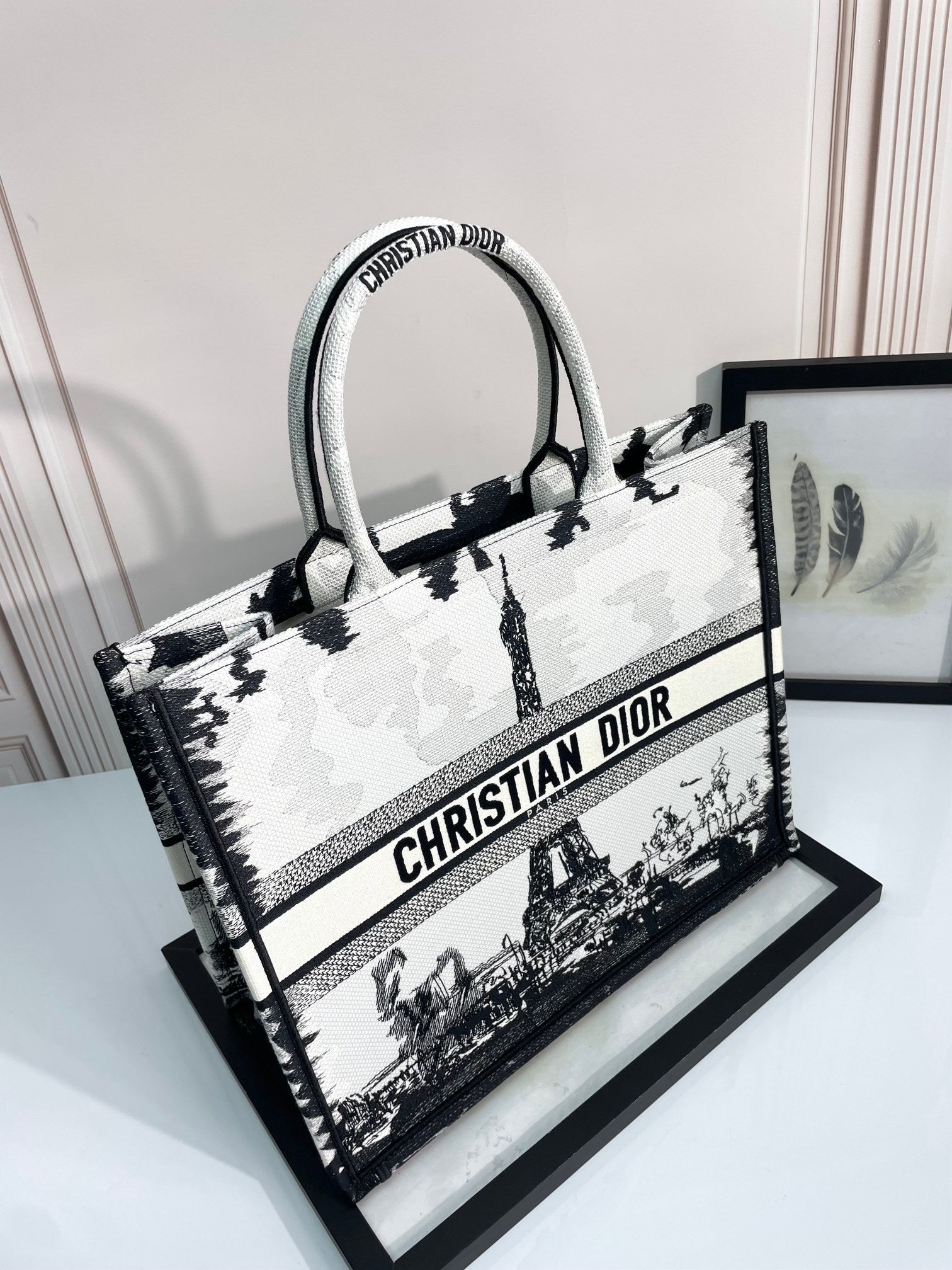 Dior Monochrome Paris Eiffel Tower Sketch Large Canvas Tote Bag