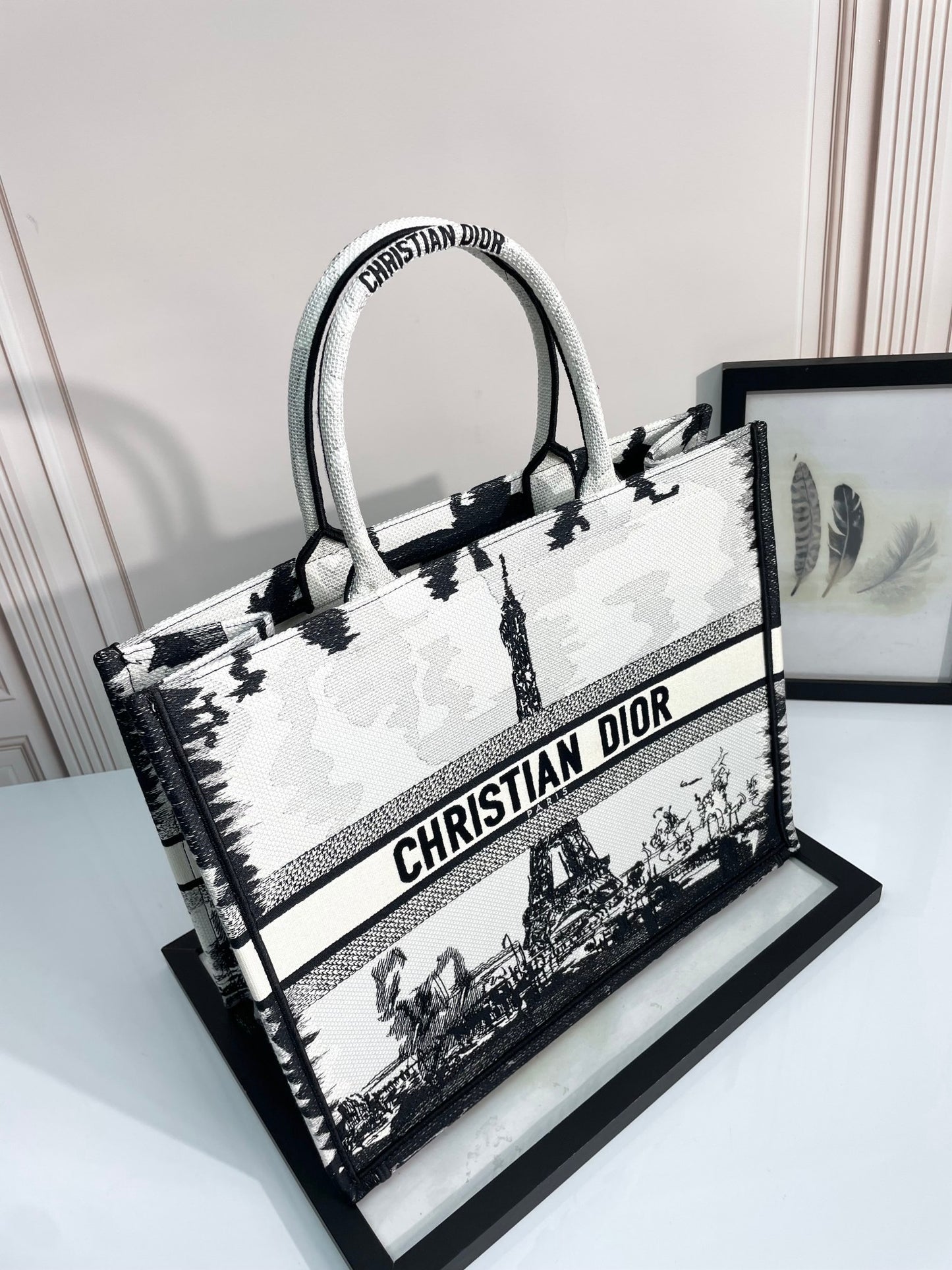 Dior Paris Eiffel Tower Embroidered Canvas Tote Bag Travel Handbag