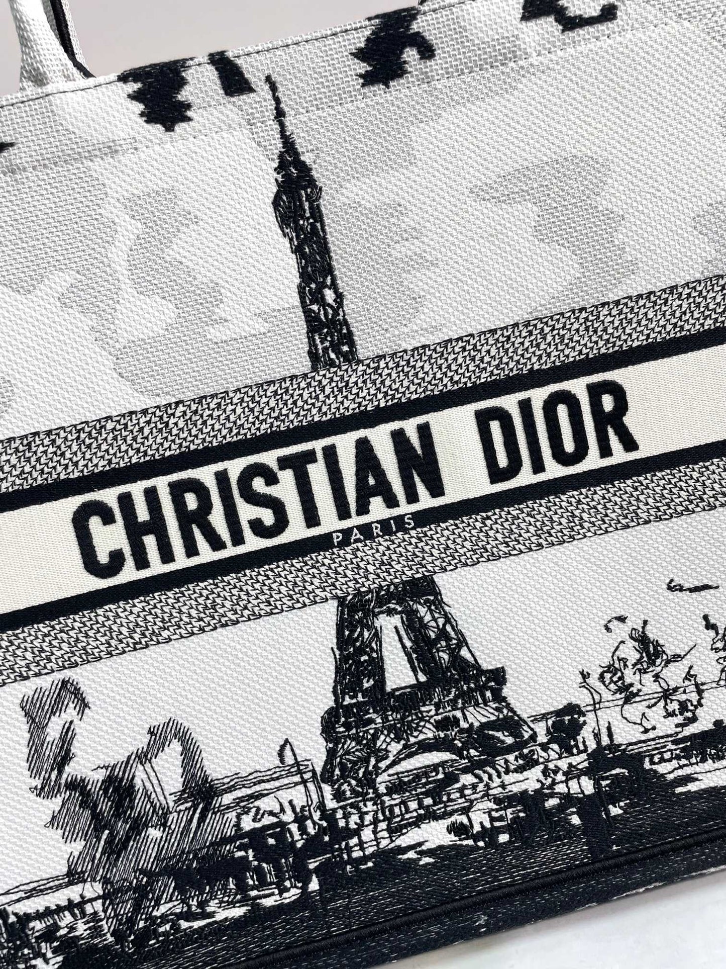 Christian Dior Large Book Tote - Black and White Plan de Paris Embroidery with Eiffel Tower