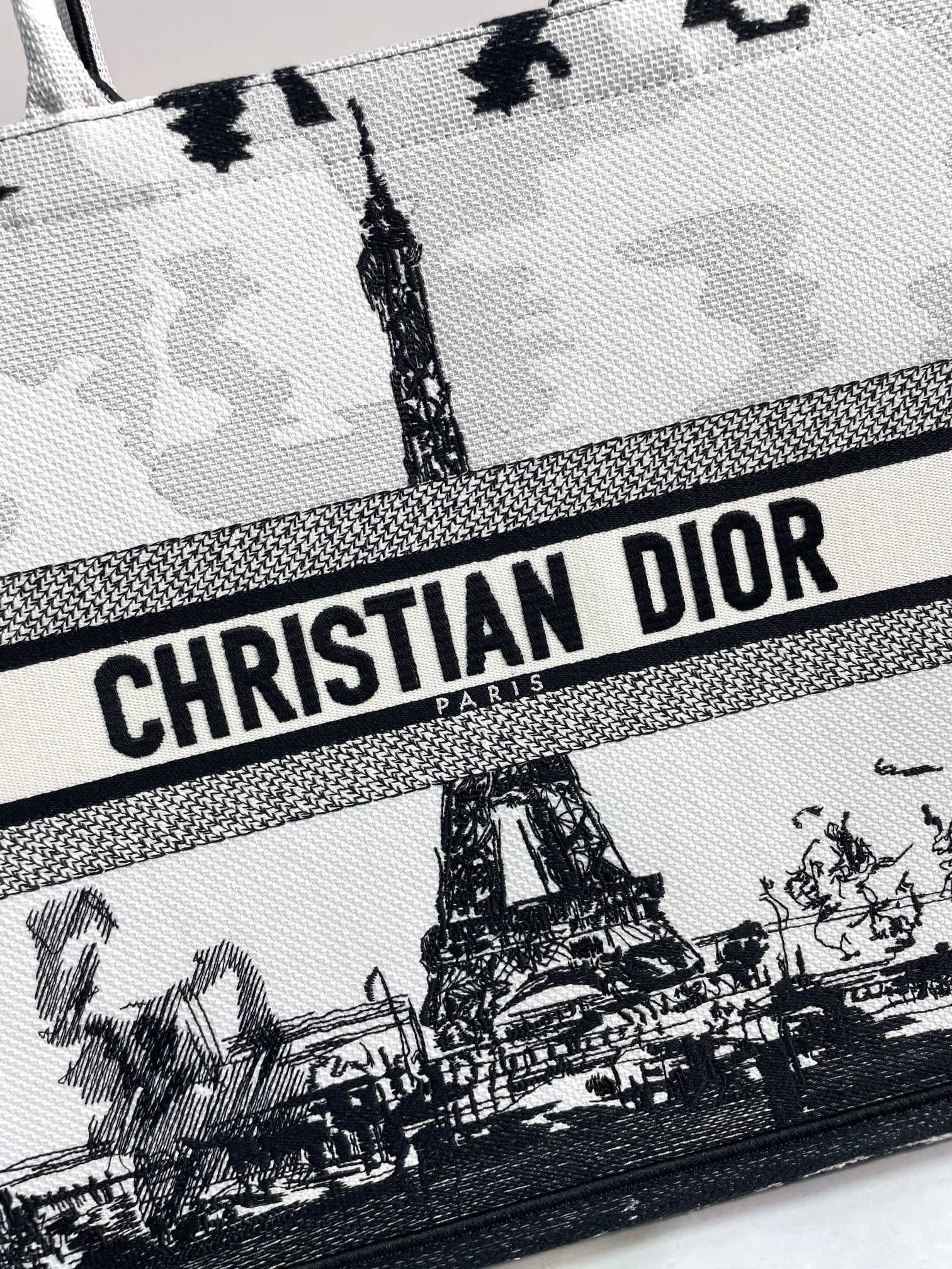 Christian Dior Large Book Tote Bag Black and White Paris Eiffel Tower Embroidery