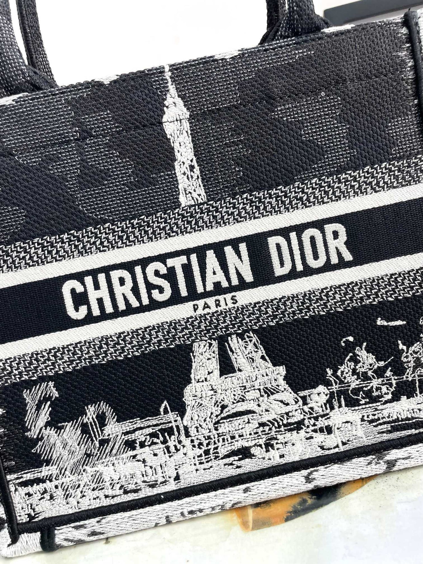 Dior Vintage Paris Eiffel Tower Embroidered Canvas Tote Handbag
