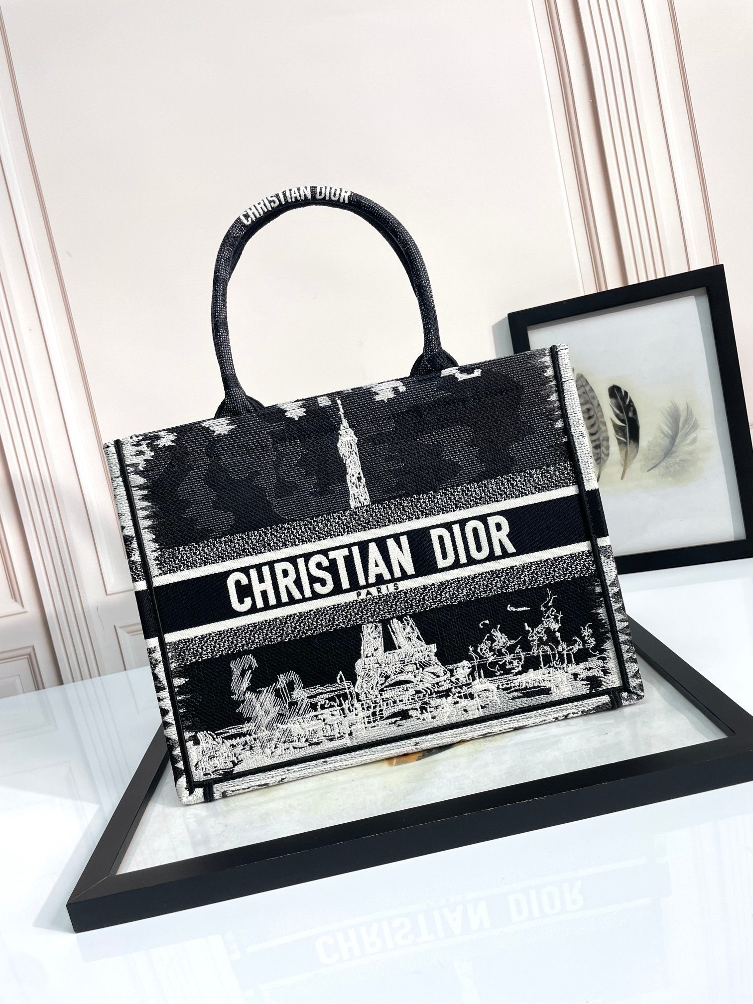 Christian Dior Book Tote - Paris Eiffel Tower Black & White Embroidered Canvas
