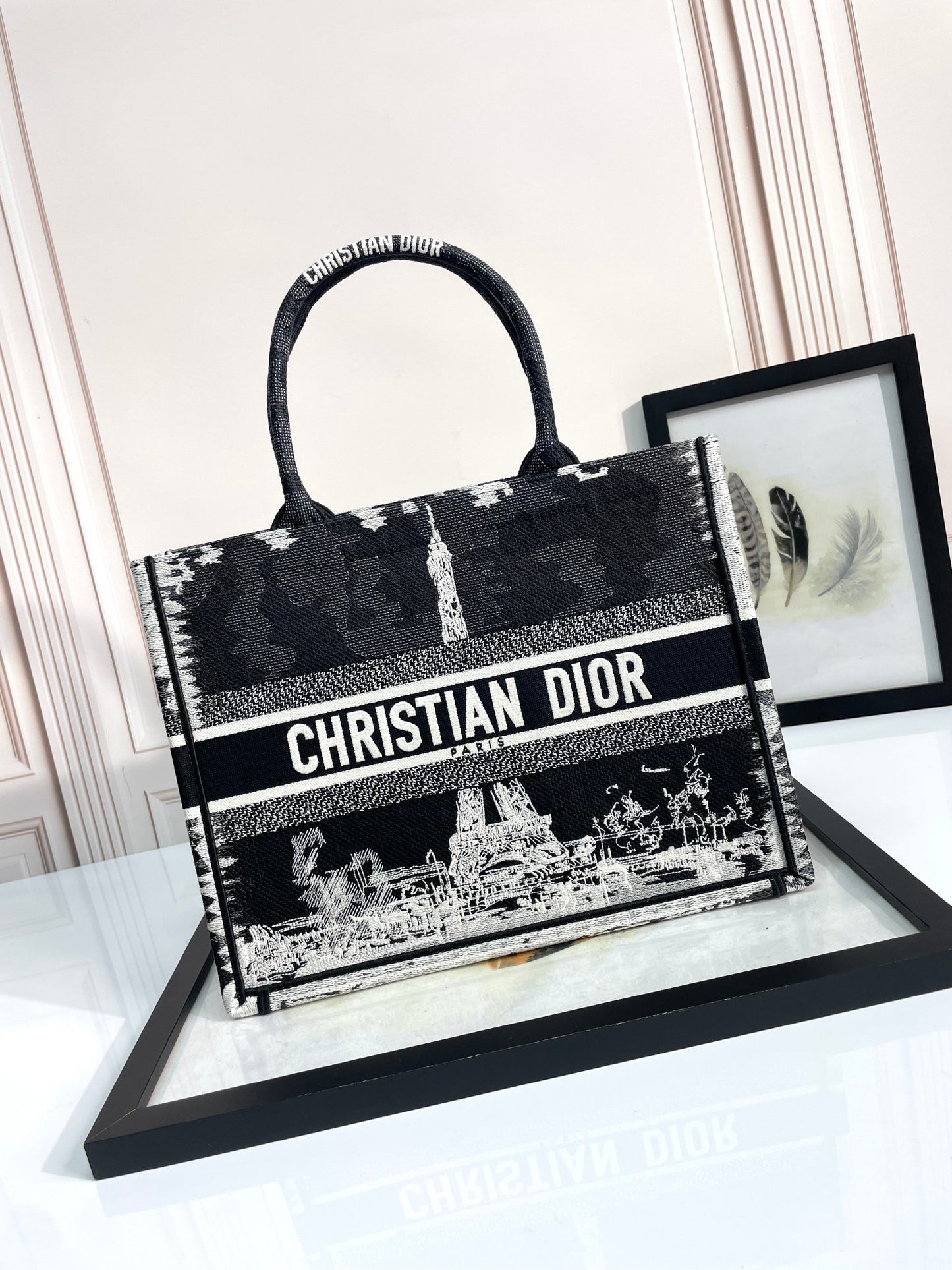 Dior Black and White Paris Eiffel Tower Canvas Tote Handbag