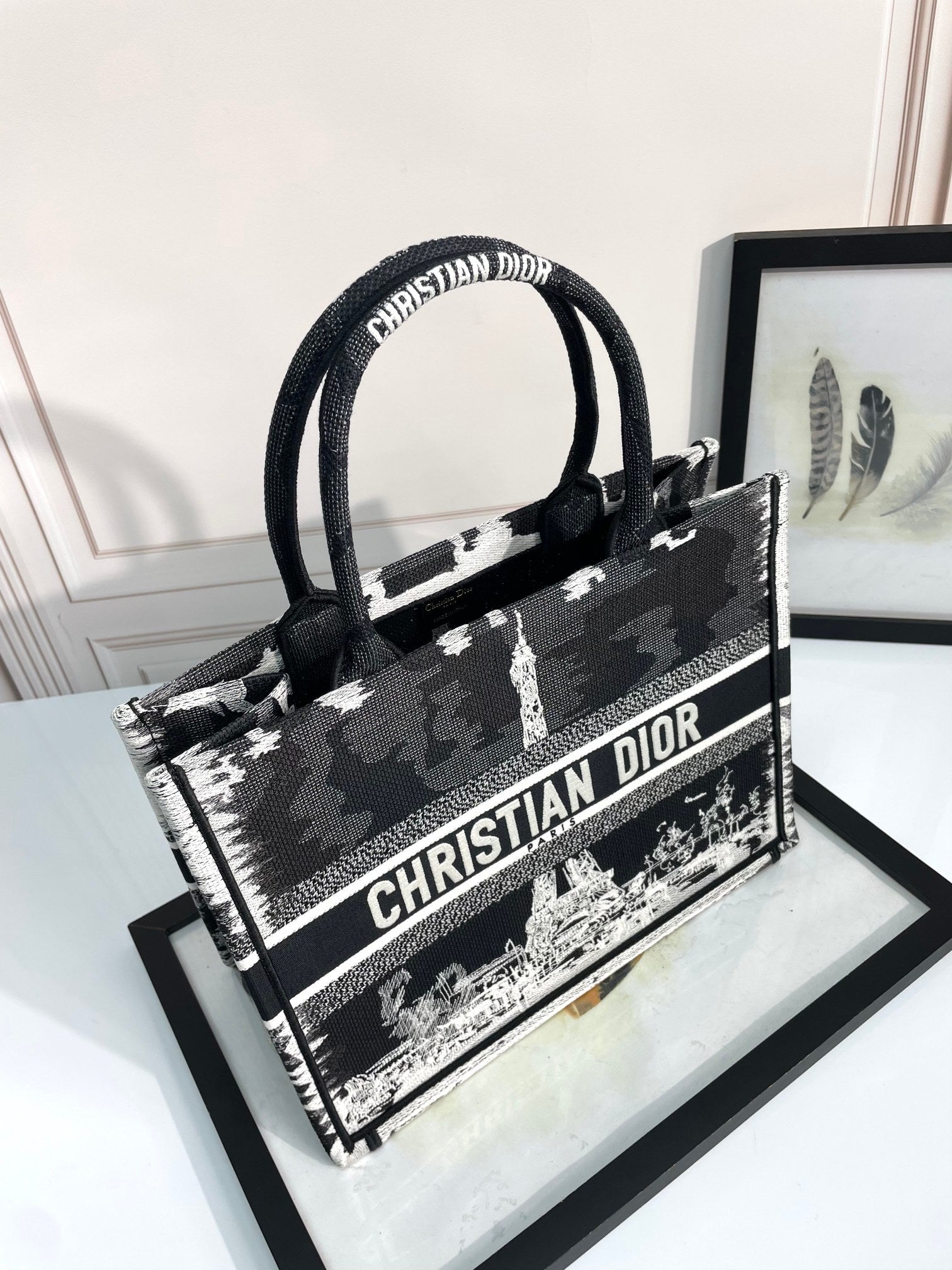 Dior Embroidered Paris Eiffel Tower Canvas Top Handle Tote Bag