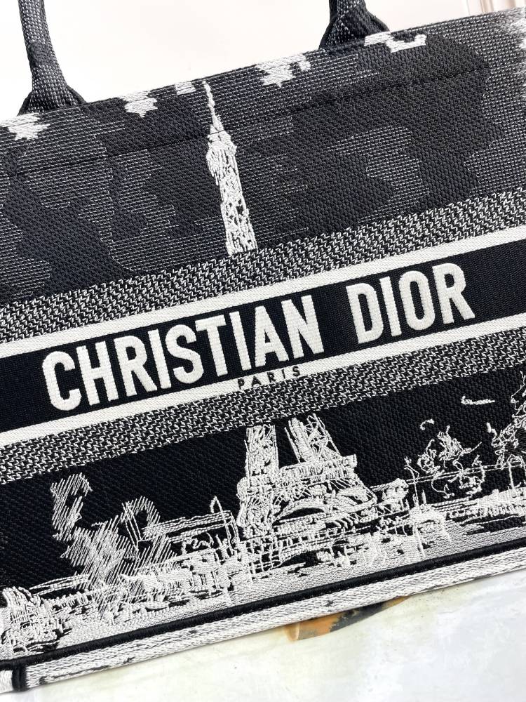 Dior Black and White Paris Eiffel Tower Embroidered Canvas Tote Bag