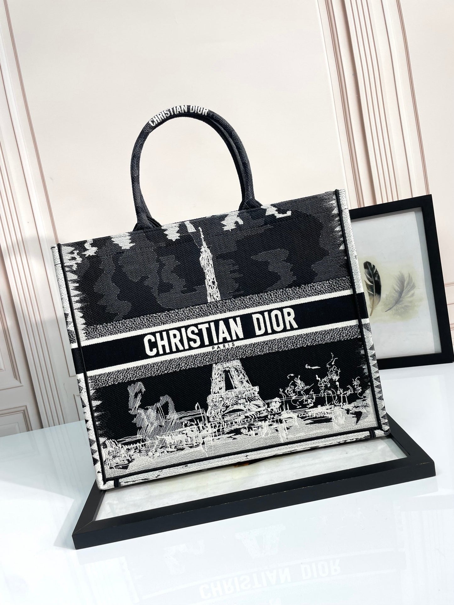 Dior Black and White Paris Eiffel Tower Embroidered Canvas Tote Bag