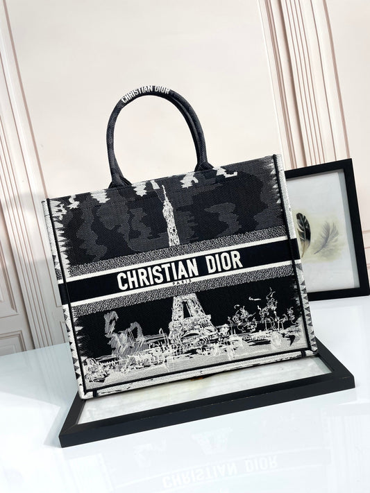 Dior Black and White Paris Eiffel Tower Embroidered Canvas Tote Bag