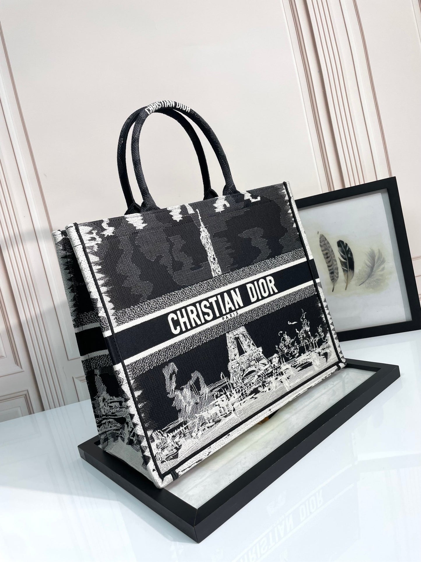Dior Black and White Eiffel Tower Graphic Print Large Canvas Tote Bag