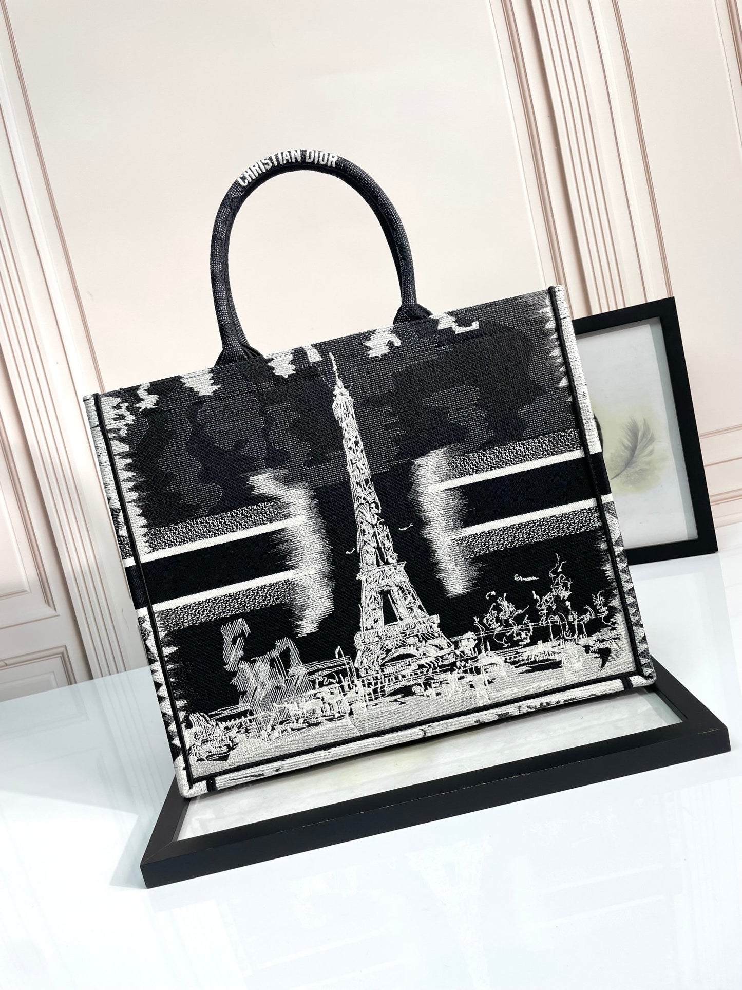 Christian Dior Book Tote Black and White Eiffel Tower Print Canvas Bag