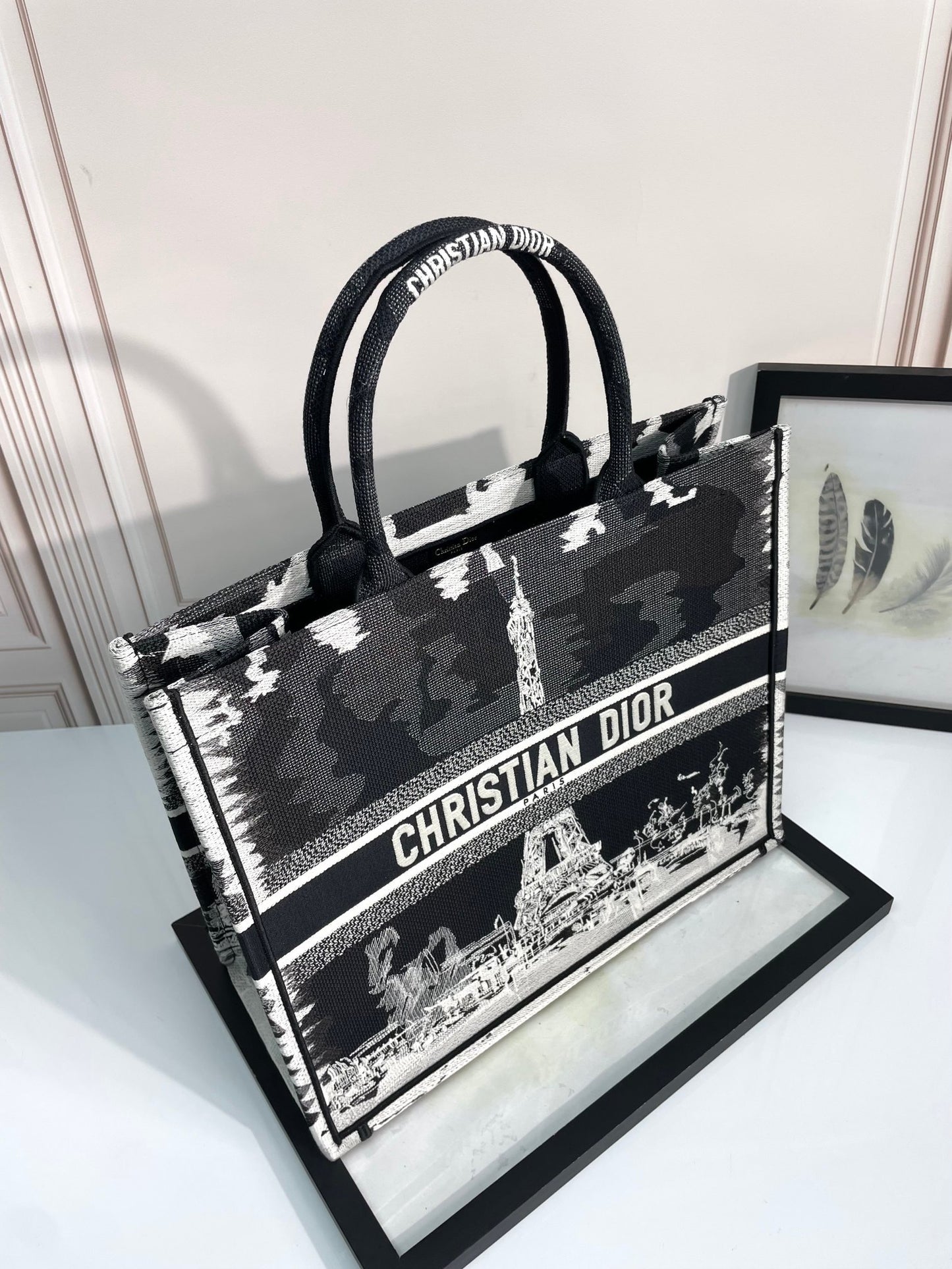 Dior Black and White Paris Eiffel Tower Embroidered Canvas Tote Bag