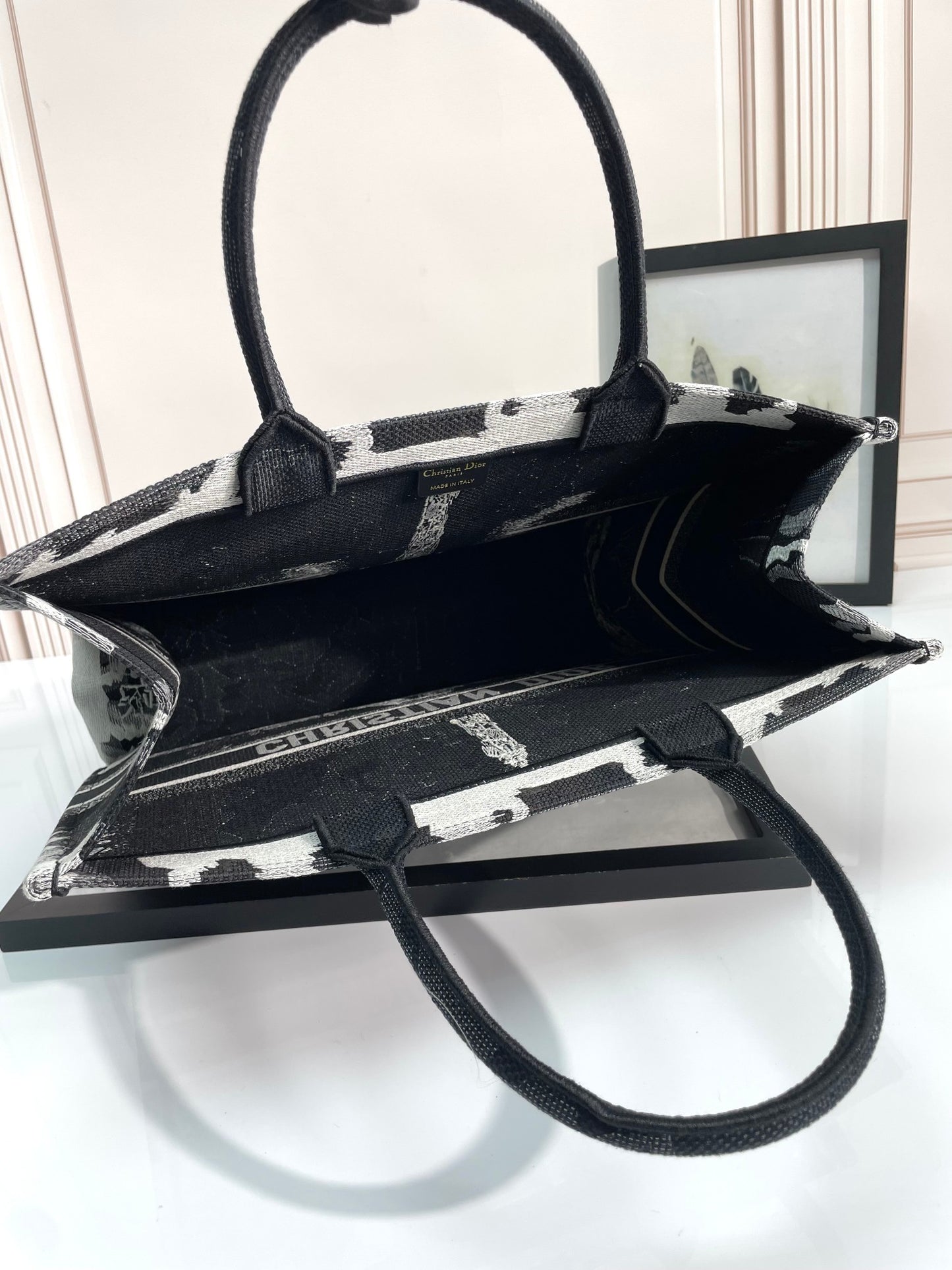 Dior Black and White Eiffel Tower Embroidered Canvas Tote Bag