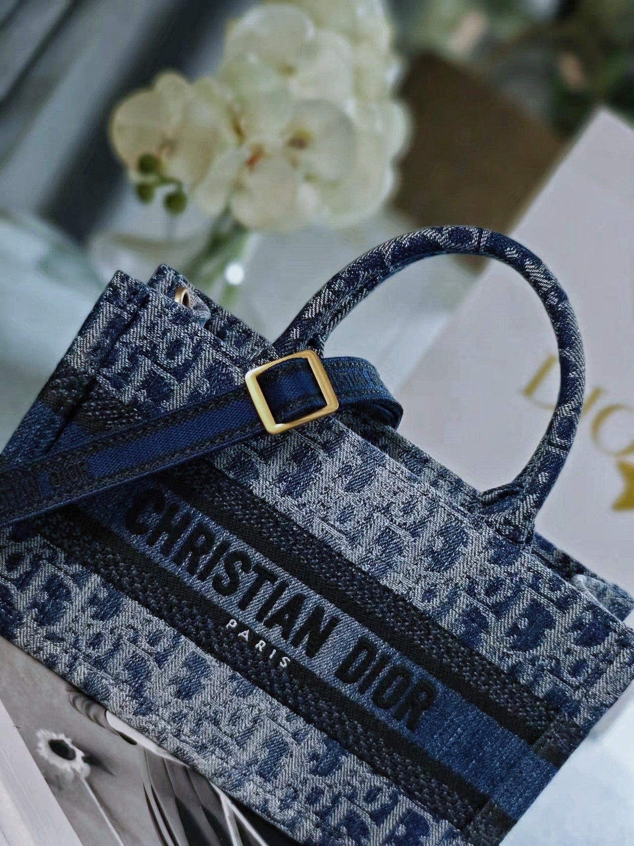 Christian Dior Small Dior Book Tote with Strap - Blue Oblique Embroidery
