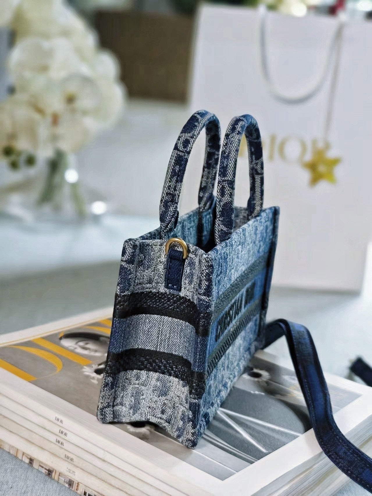 Christian Dior Small Dior Book Tote with Strap - Blue Oblique Embroidery