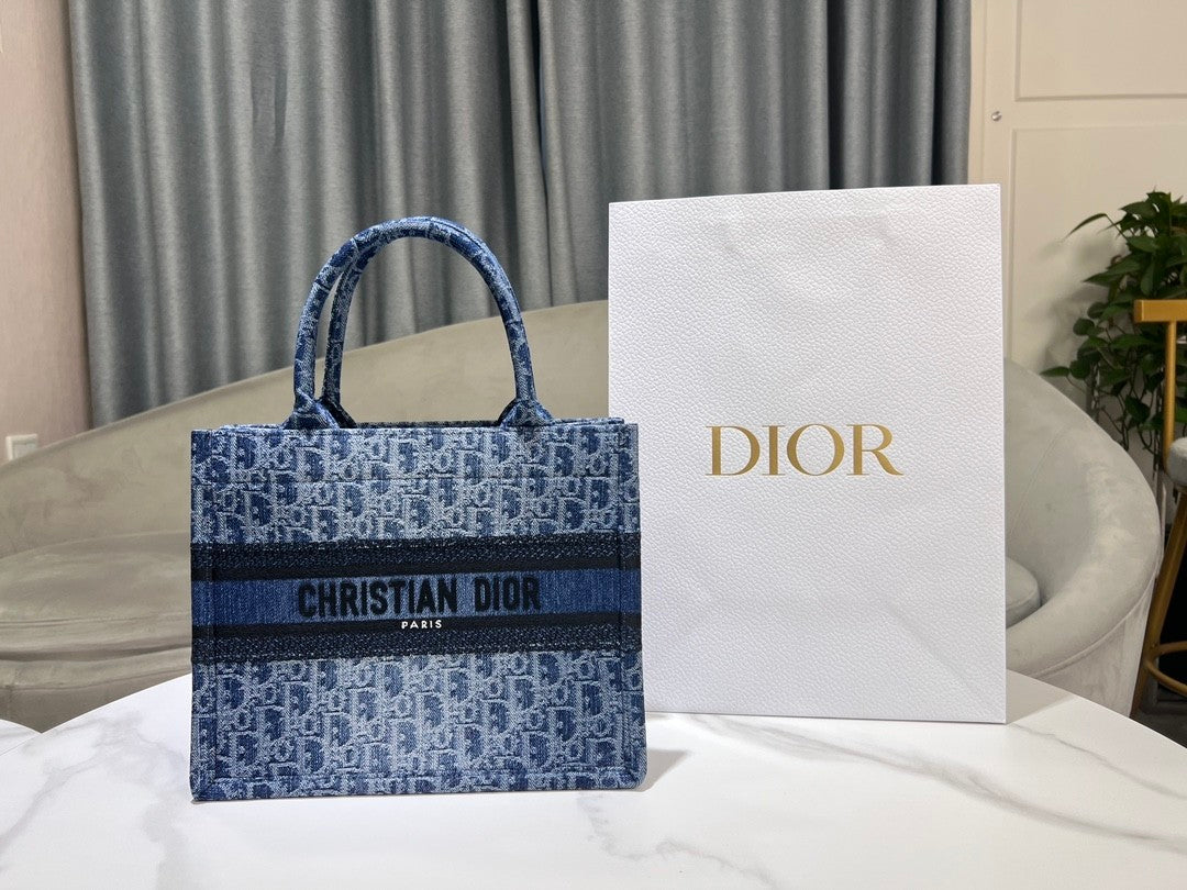 Dior Blue Monogram Embroidered Canvas Tote Bag Top Handle Handbag