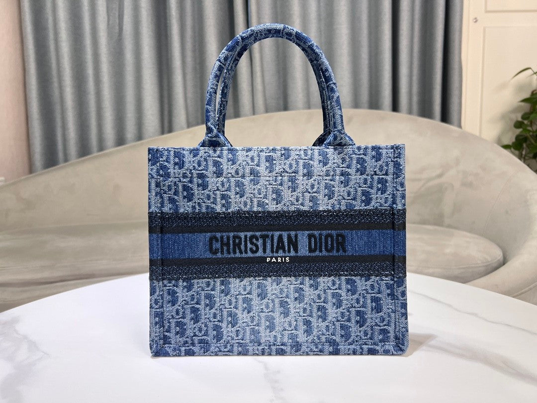 Dior Blue Monogram Embroidered Canvas Tote Bag Top Handle Handbag