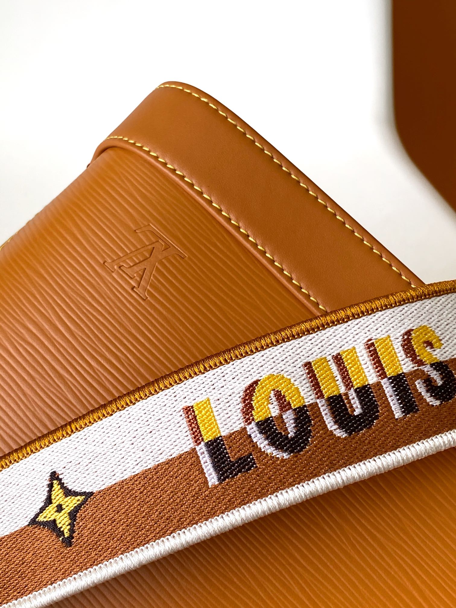 Louis Vuitton Textured Tan Leather Dome Handbag with Wide Crossbody Strap