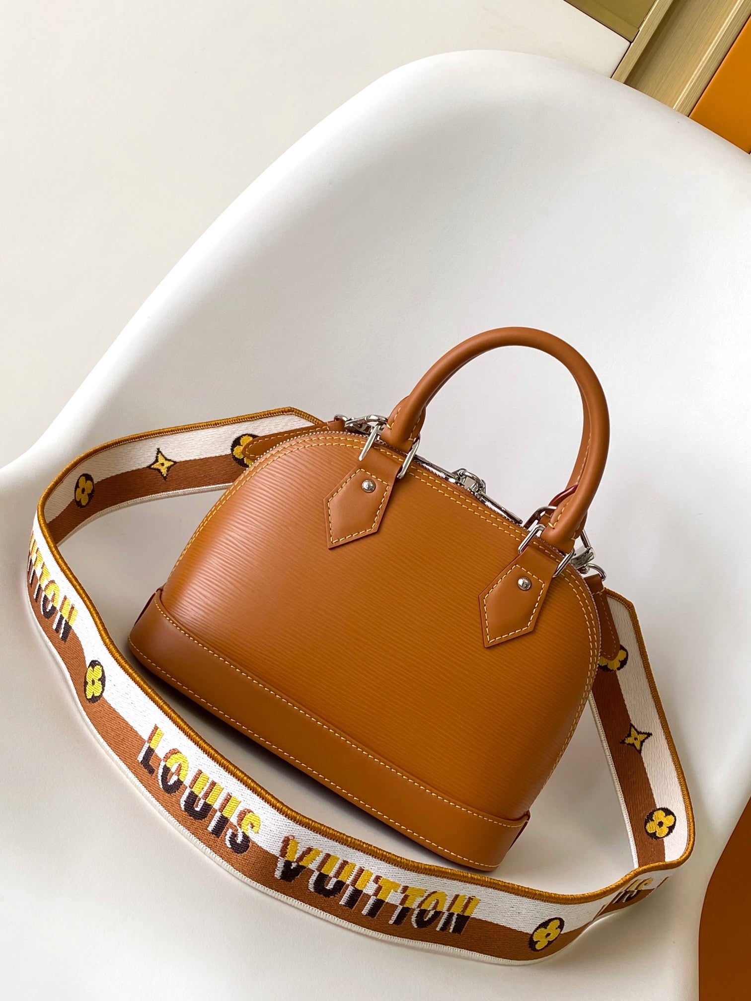 Louis Vuitton Textured Tan Leather Dome Handbag with Wide Crossbody Strap