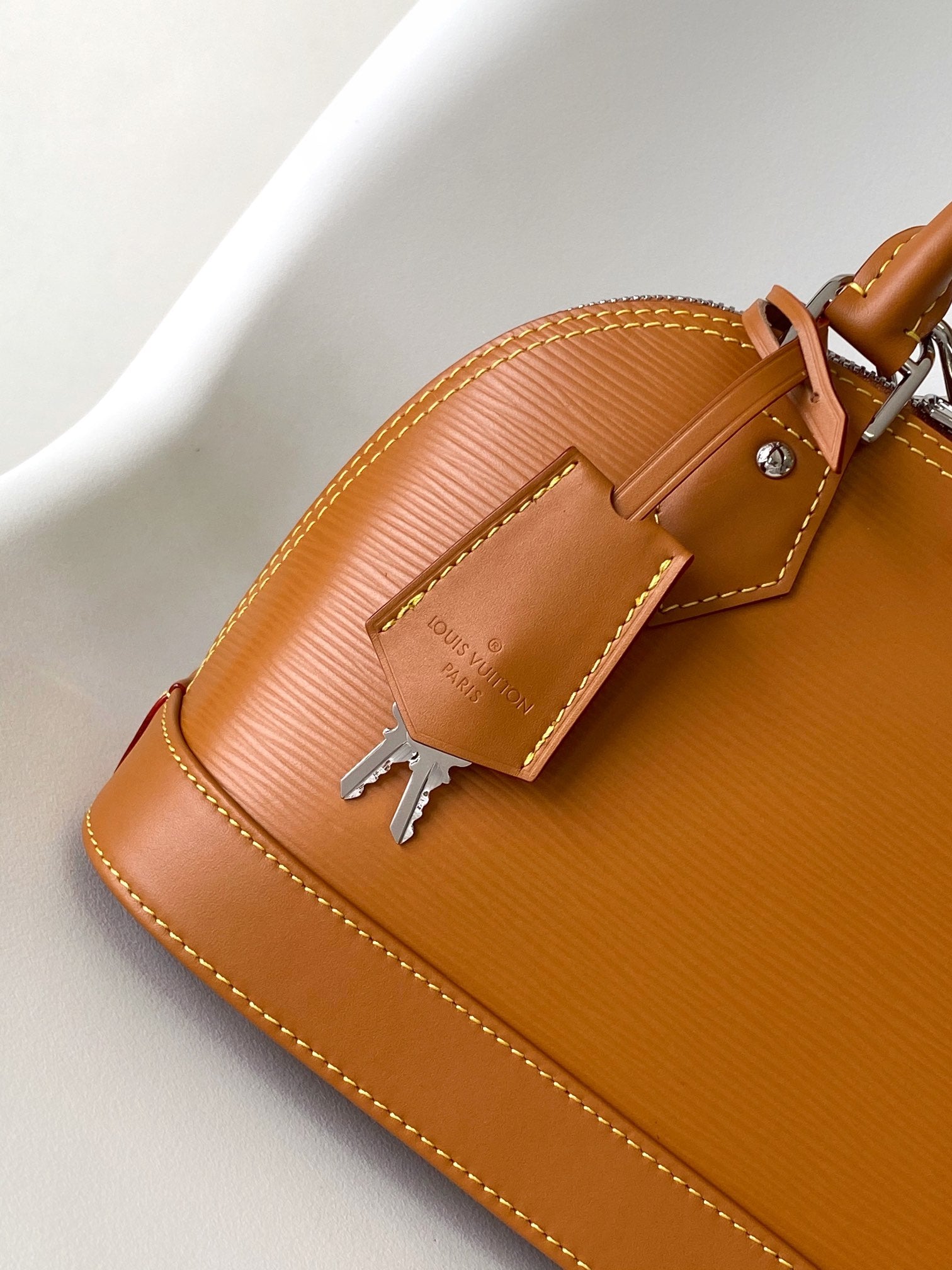 Louis Vuitton Textured Tan Leather Dome Handbag with Wide Crossbody Strap