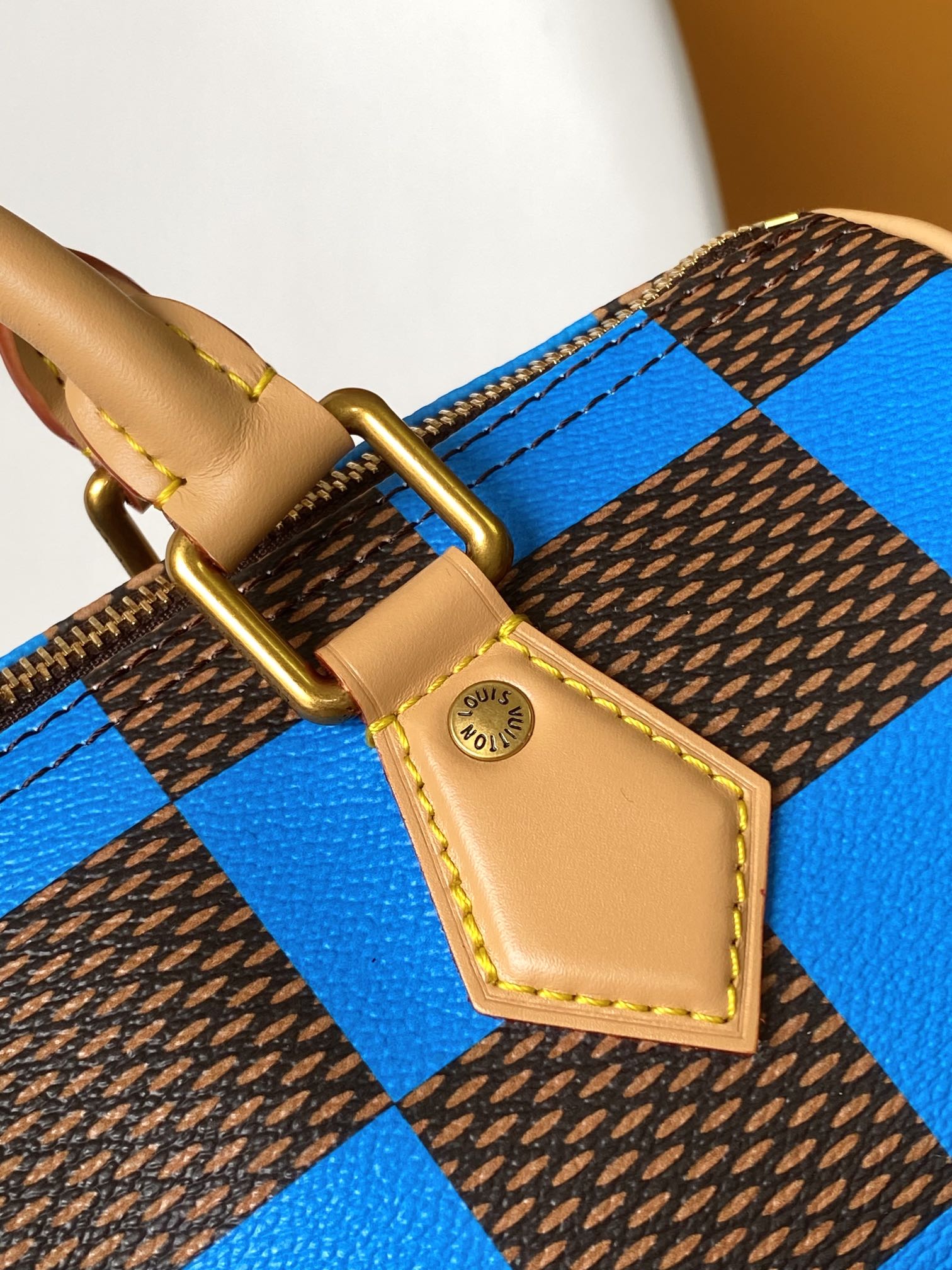 Louis Vuitton Blue and Brown Checkerboard Leather Duffle Bag with Shoulder Strap
