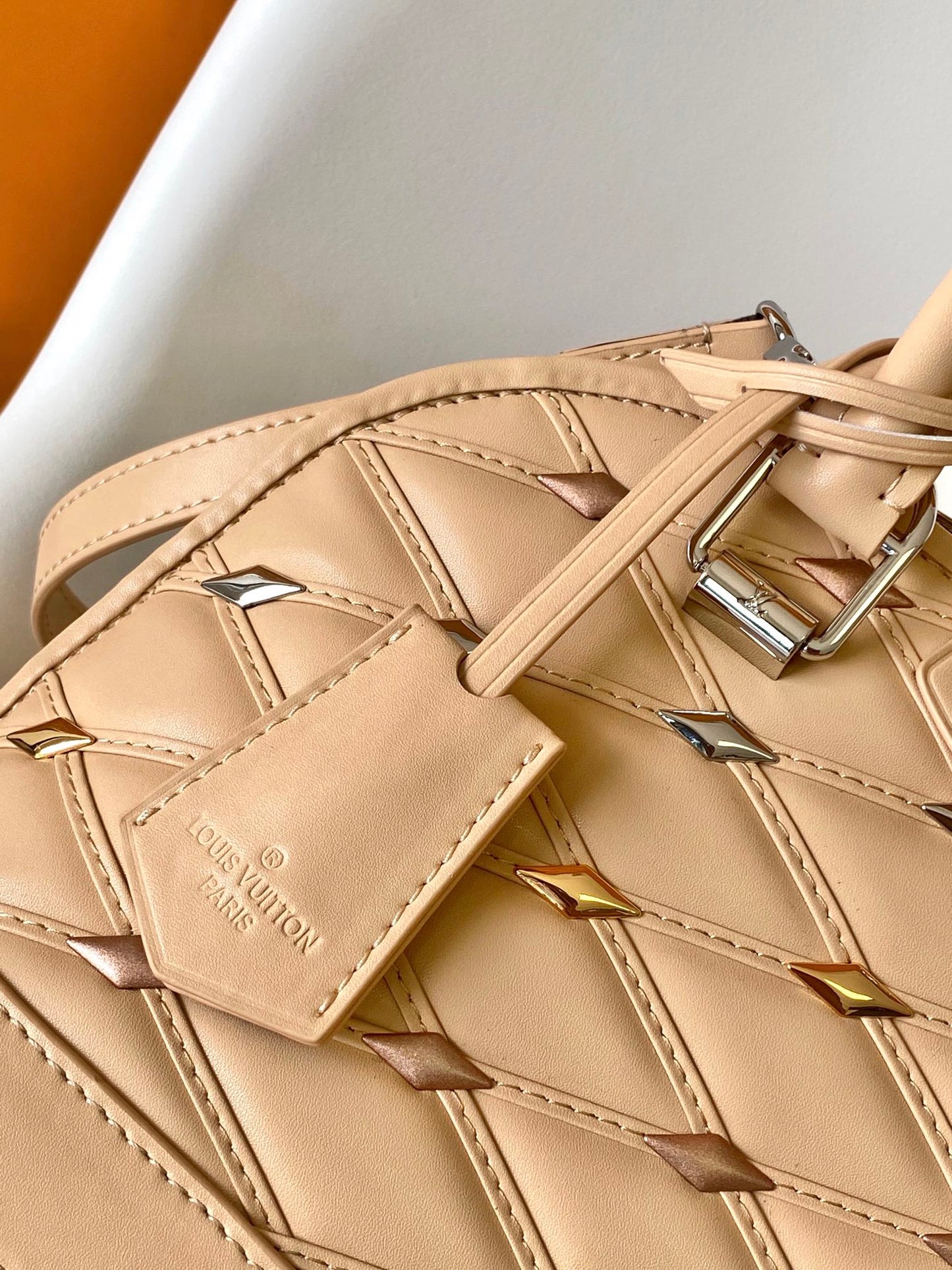 Quilted Leather Dome Top Handle Bag with Studs - Beige