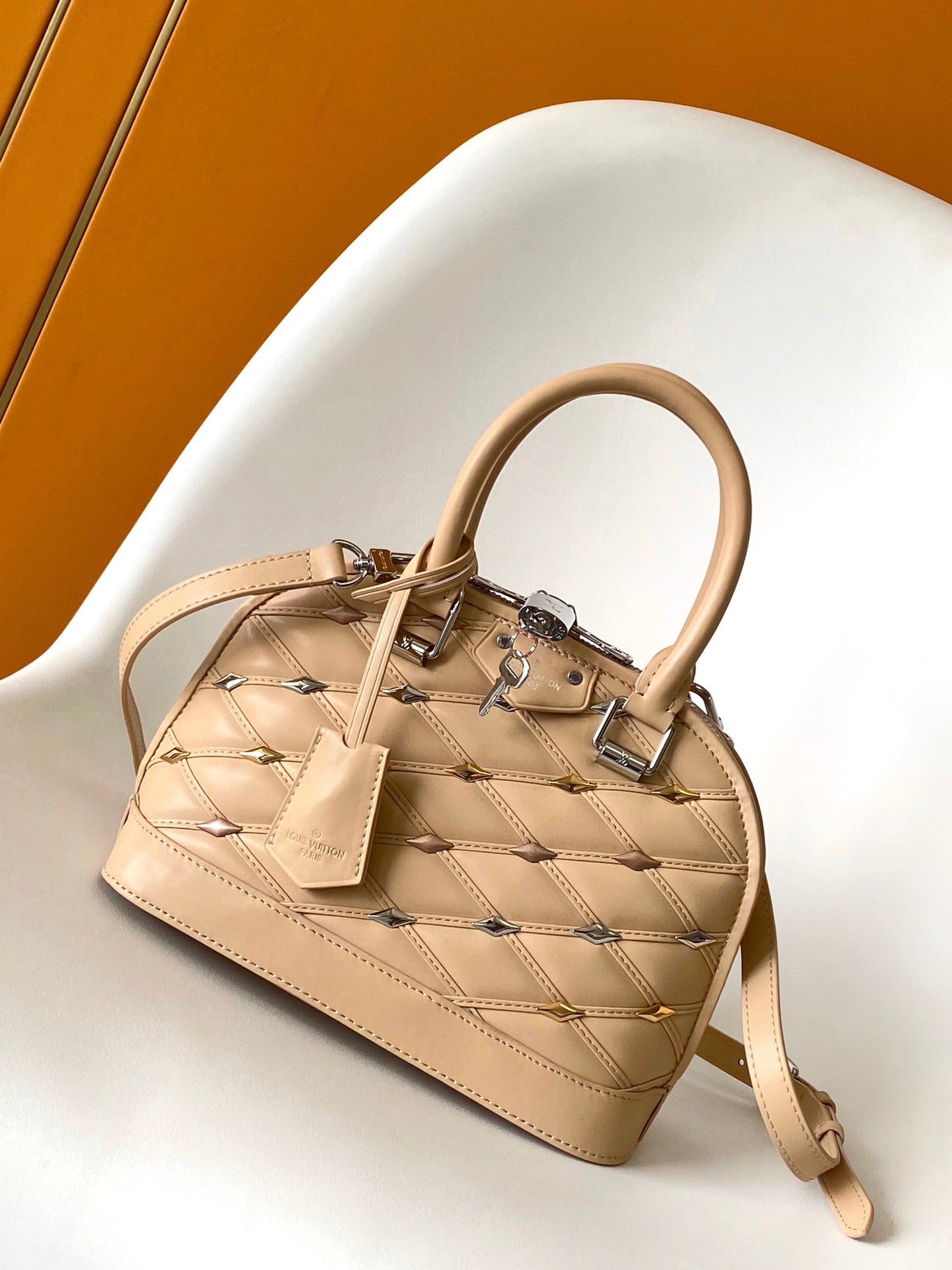 Quilted Leather Dome Top Handle Bag with Studs - Beige