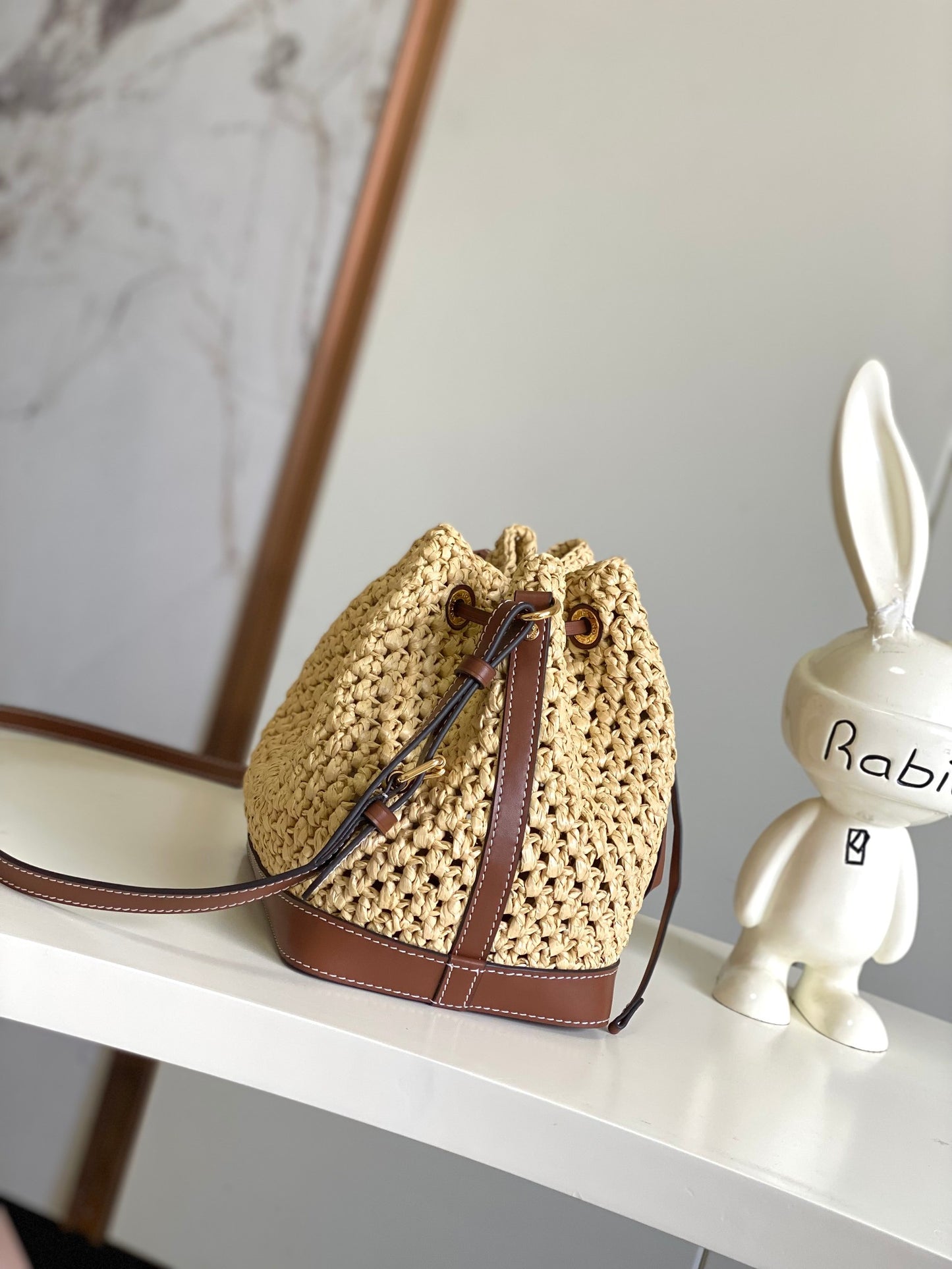 Louis Vuitton Boho Woven Straw Drawstring Bucket Bag with Leather Trim