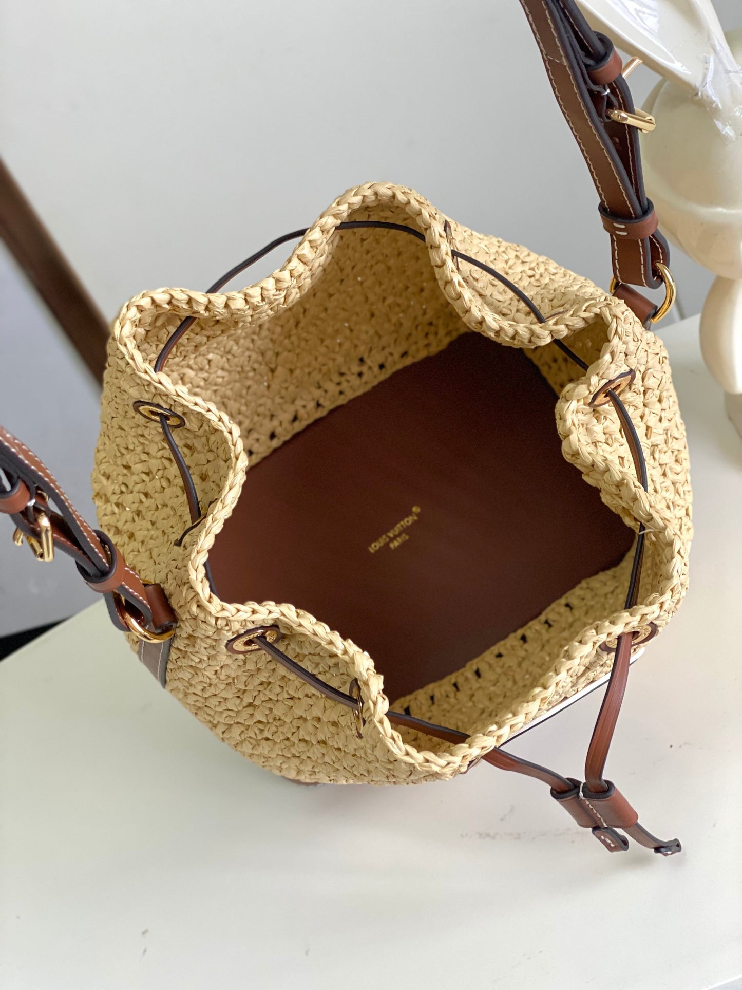 Louis Vuitton Boho Woven Straw Drawstring Bucket Bag with Leather Trim