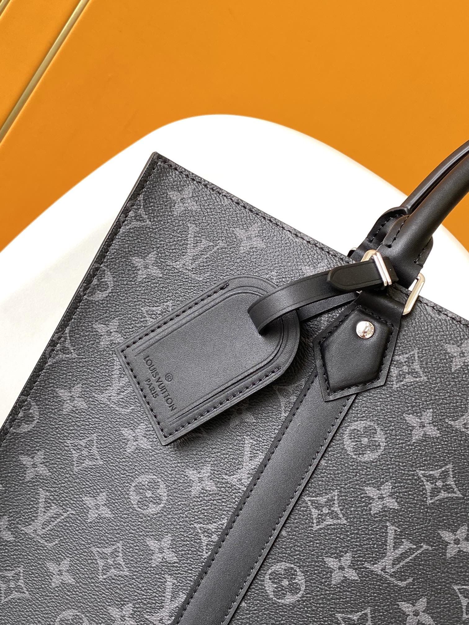 Louis Vuitton Black Monogram Print Large Tote Bag with Top Handles and Luggage Tag