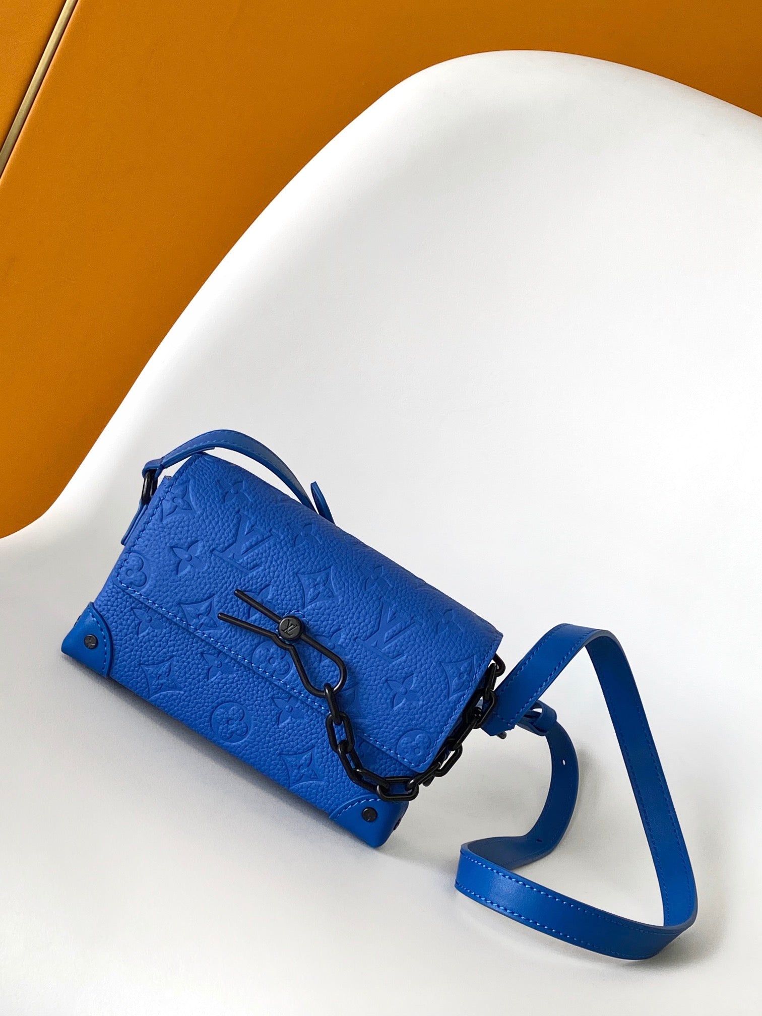 Louis Vuitton Royal Blue Embossed Leather Crossbody Shoulder Bag with Black Chain