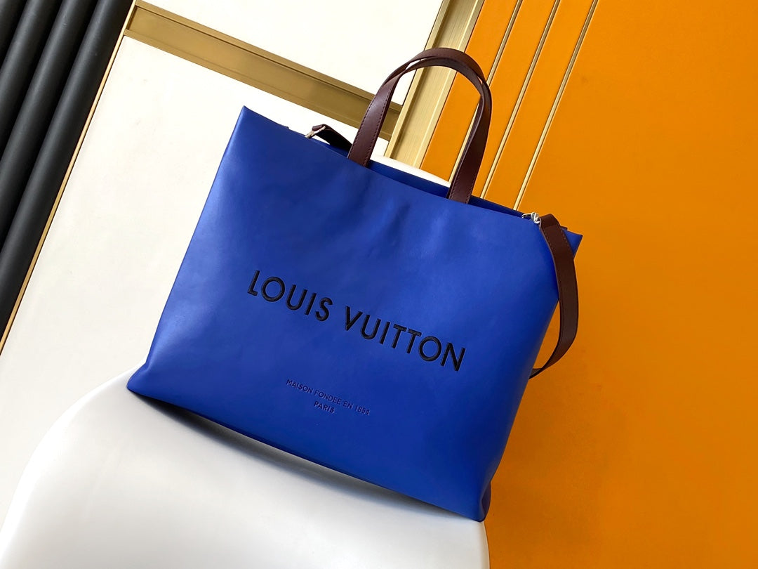 Louis Vuitton Structured Royal Blue Leather Tote Bag with Contrast Top Handles