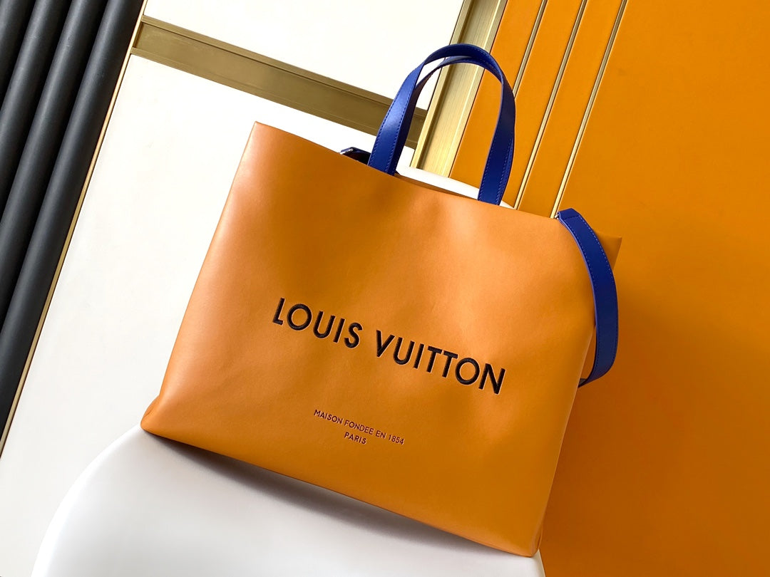 Louis Vuitton Luxury Orange Paper Shopping Bag with Blue Handles