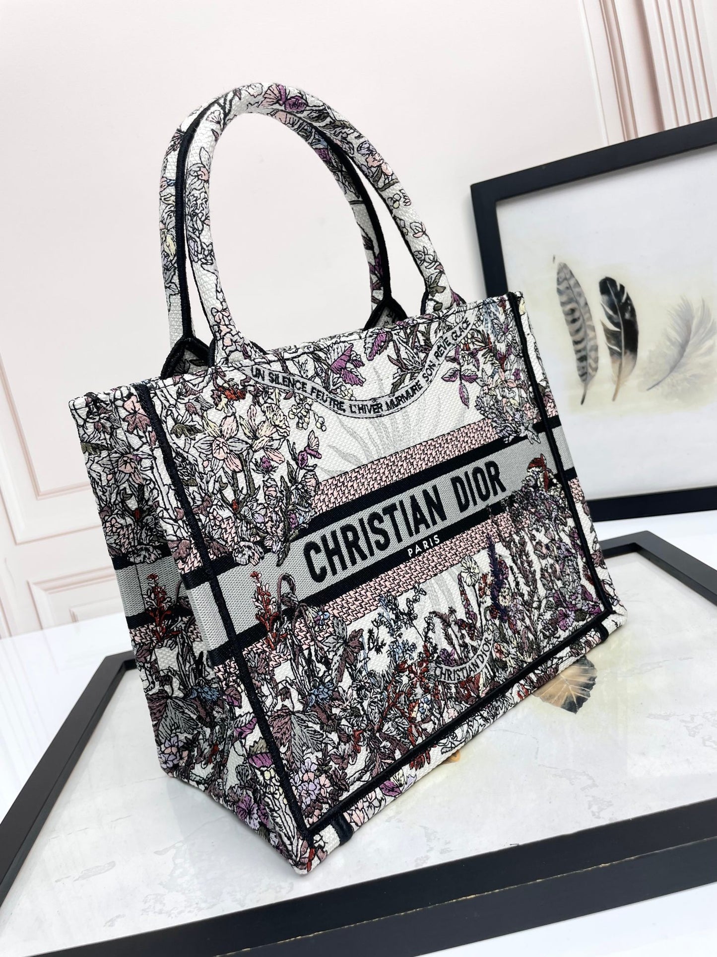 Dior Vintage Floral Embroidered Canvas Tote Bag with Top Handles