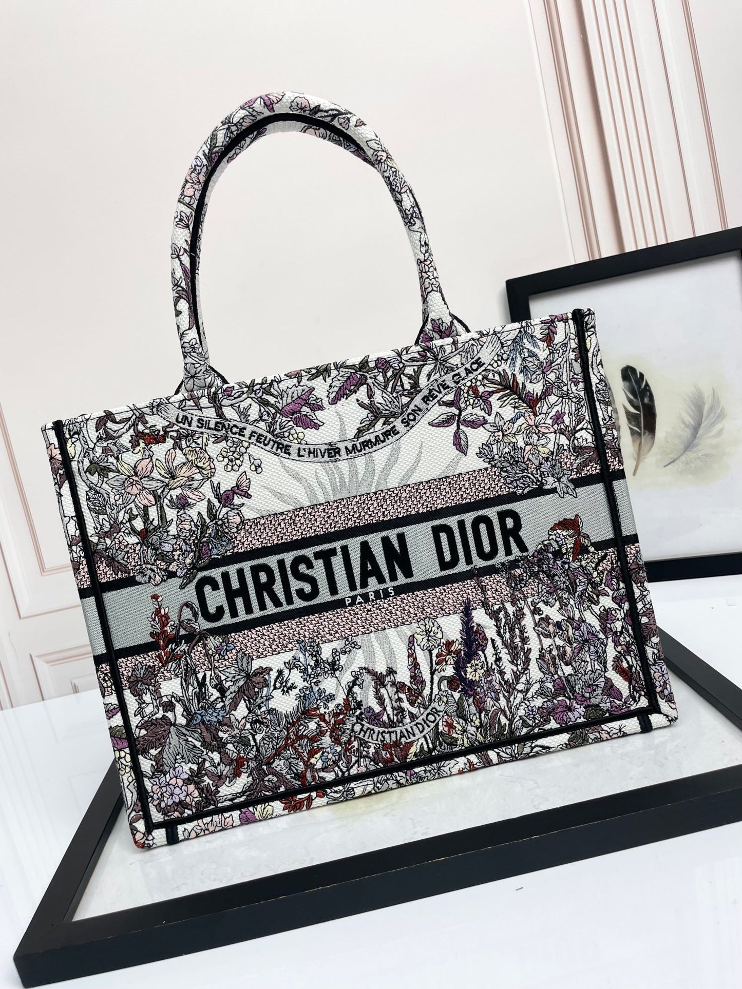 Dior Elegant Floral Embroidered Canvas Tote Bag with Top Handles