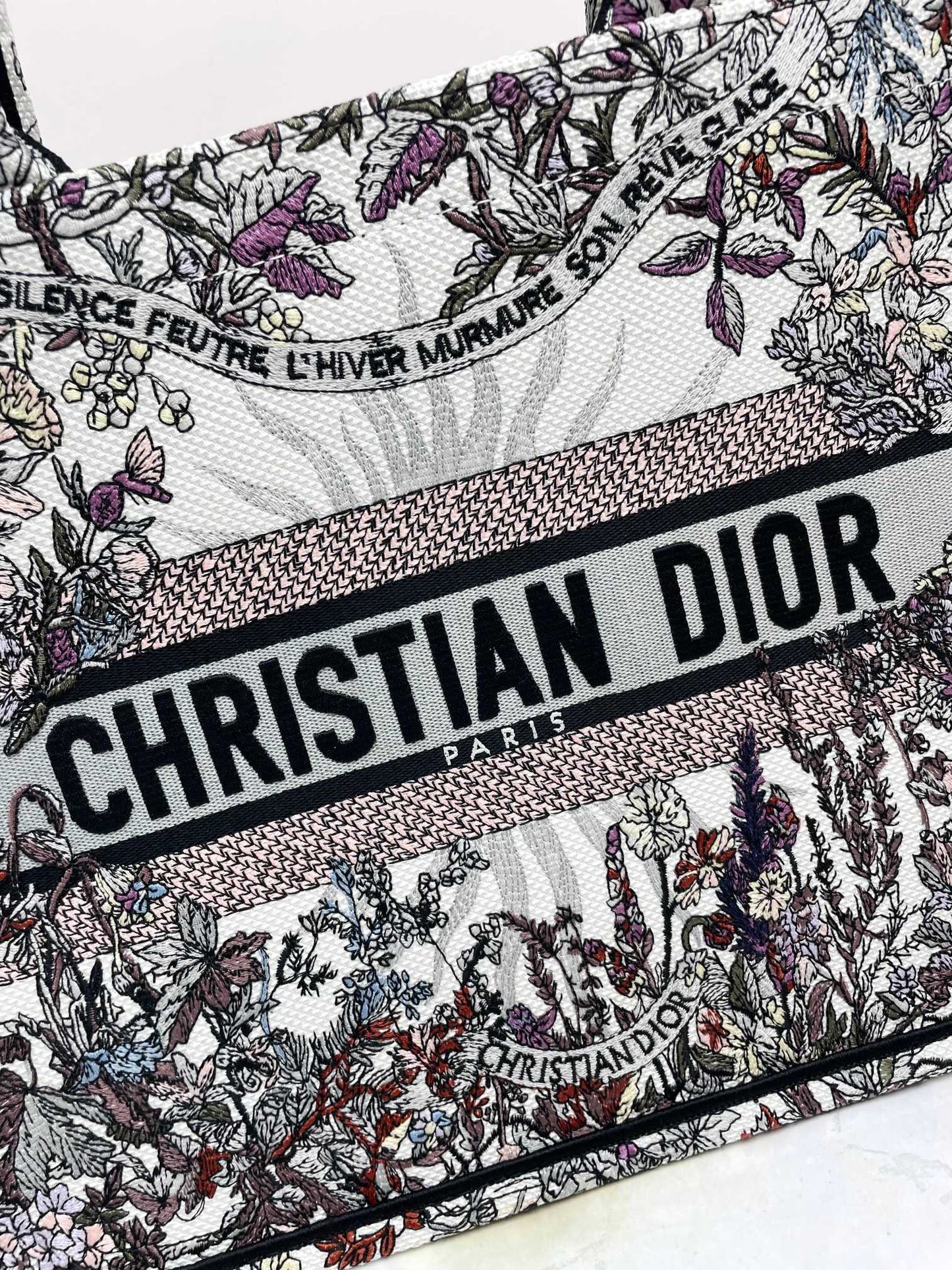 Dior Elegant Embroidered Floral Pattern Canvas Shoulder Tote Bag