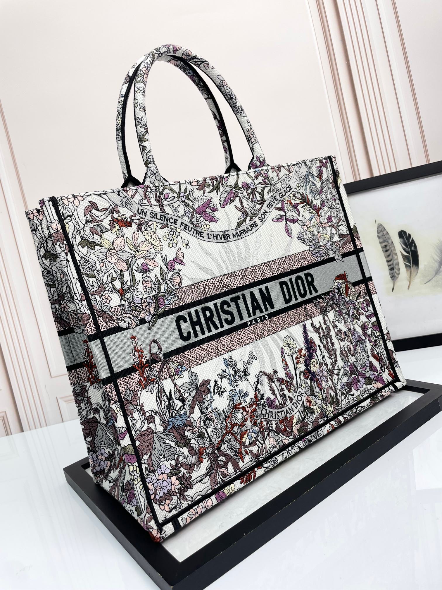 Dior Vintage Inspired Nature Scene Embroidered Large Shoulder Tote Bag