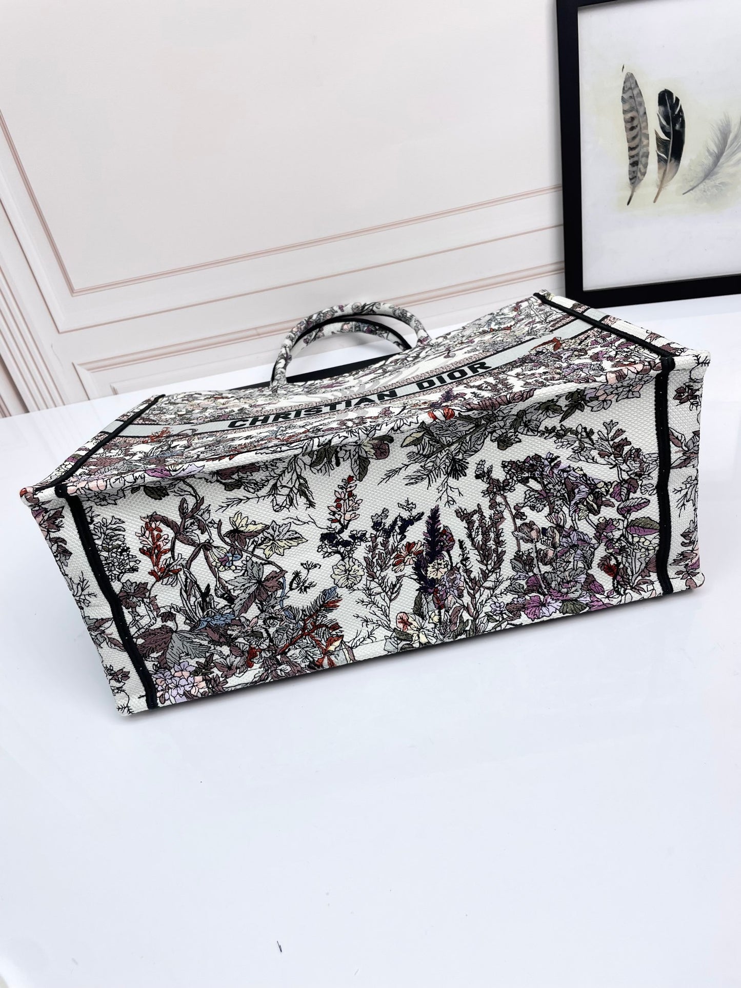 Dior Vintage Inspired Nature Scene Embroidered Large Shoulder Tote Bag