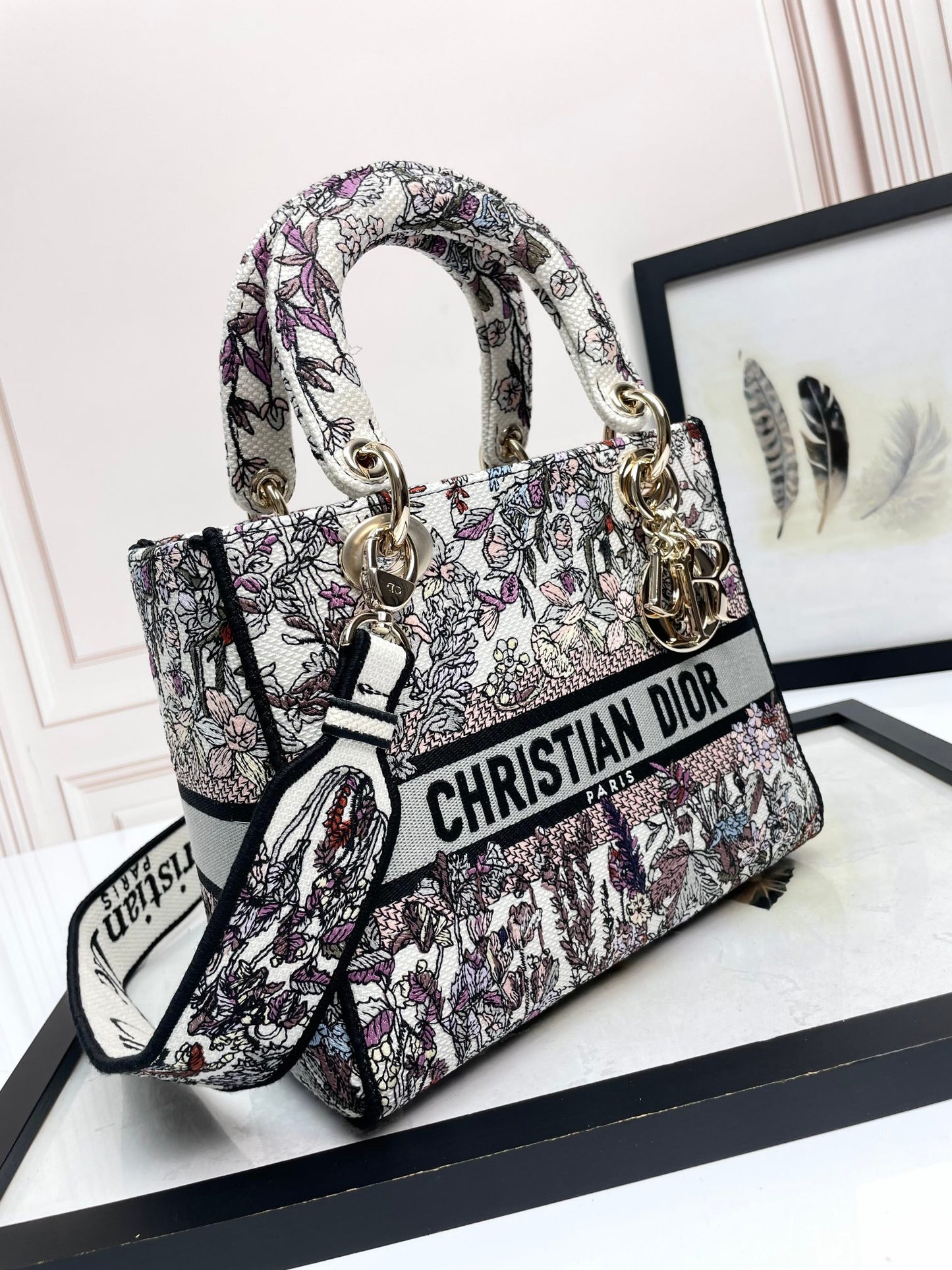 Dior Elegant Floral Embroidered Top Handle Bag with Shoulder Strap