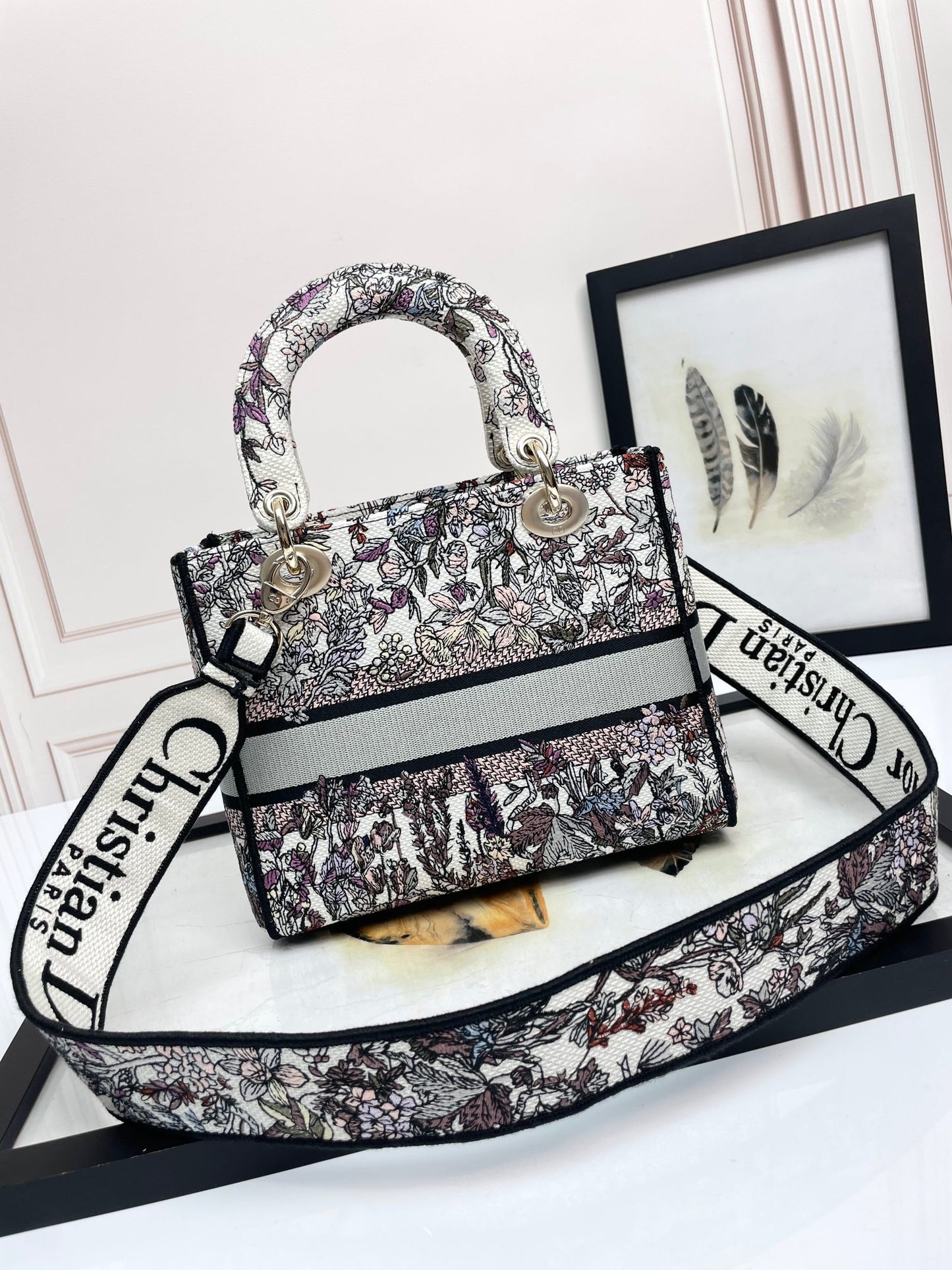 Dior Elegant Floral Embroidered Top Handle Bag with Shoulder Strap