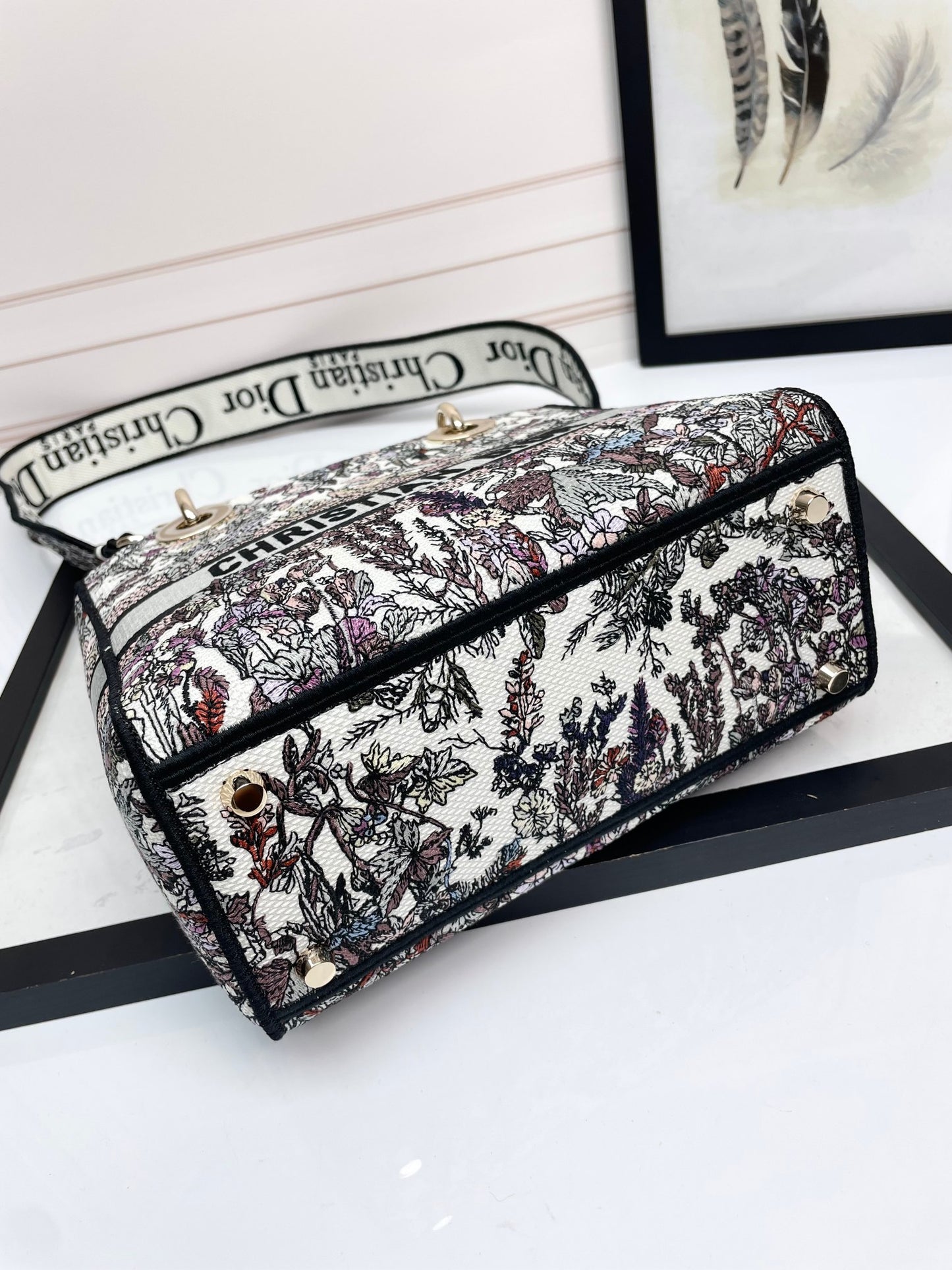 Dior Luxury Embroidered Floral Tapestry Handbag with Top Handle