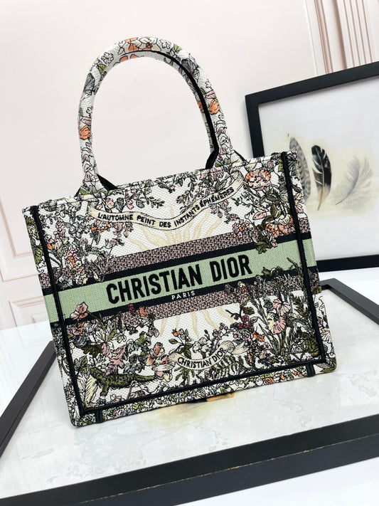 Christian Dior Large Book Tote Bag Floral Embroidery Green & Multicolor